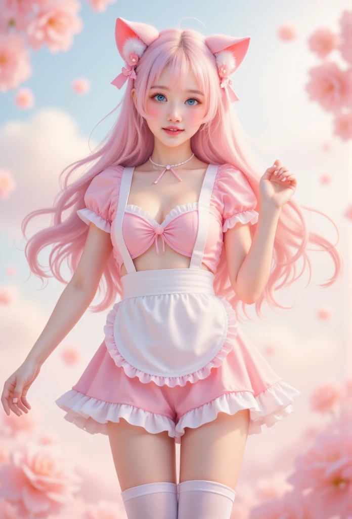 1 Girl\(:d, > <,Blue Eyeshadow,Lovely,full, Long hair, light pink hair,curls,Hair fluttering,  pale skin ,Pink Cheeks, Pink Lips,Bangs, Cat ears, skirt\(Short,Light pink, Lolita Fashion, Open cleavage\),White apron,breast,  blurry foreground , blush, Bokeh, With eyes closed,  Depth of Field ,  Smile, Open your mouth, High target, , dynamic posture, Cheerful posture ,whole body,Lovely hairpins, Pink Lips,white suspenders over the knee socks\), Soft tones, background \(Dreams, Soft tones,Many lights\),Realism，True，