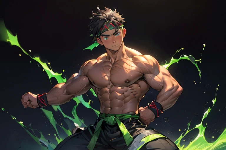 ((masterpiece, best quality, stalwart, (Depth of field:1.2))), (((((black background, deep night, looking away))))), (worm green eyes, Young boy, muscler, Shirtless, topless), ((((1boy, solo, flesh, tough, reliable, developed body)))), (Dark Short straight hair, green eyes, ((almost completely shaved hair)), under cut), (((red headband, black wristband))), Vivid colors, ((big breast, big abs, big shoulder, muscular body, sturdy body, defined round and fleshy pecs, defined round and fleshy ABS, defined round and fleshy armsmuscular, well-defined muscles, toned body, shouldermuscler)), muscler!, muscler body, detailed face, detailed muscle, (((rippling muscles, Flowing energy, wearing wind to emphasize the power of his aura. Highlight his aura, blue and green aura effect, wearing energy stream, holding aura energy, Imposing, Fearless, expressionless, fighting stance, martial arts stance)))