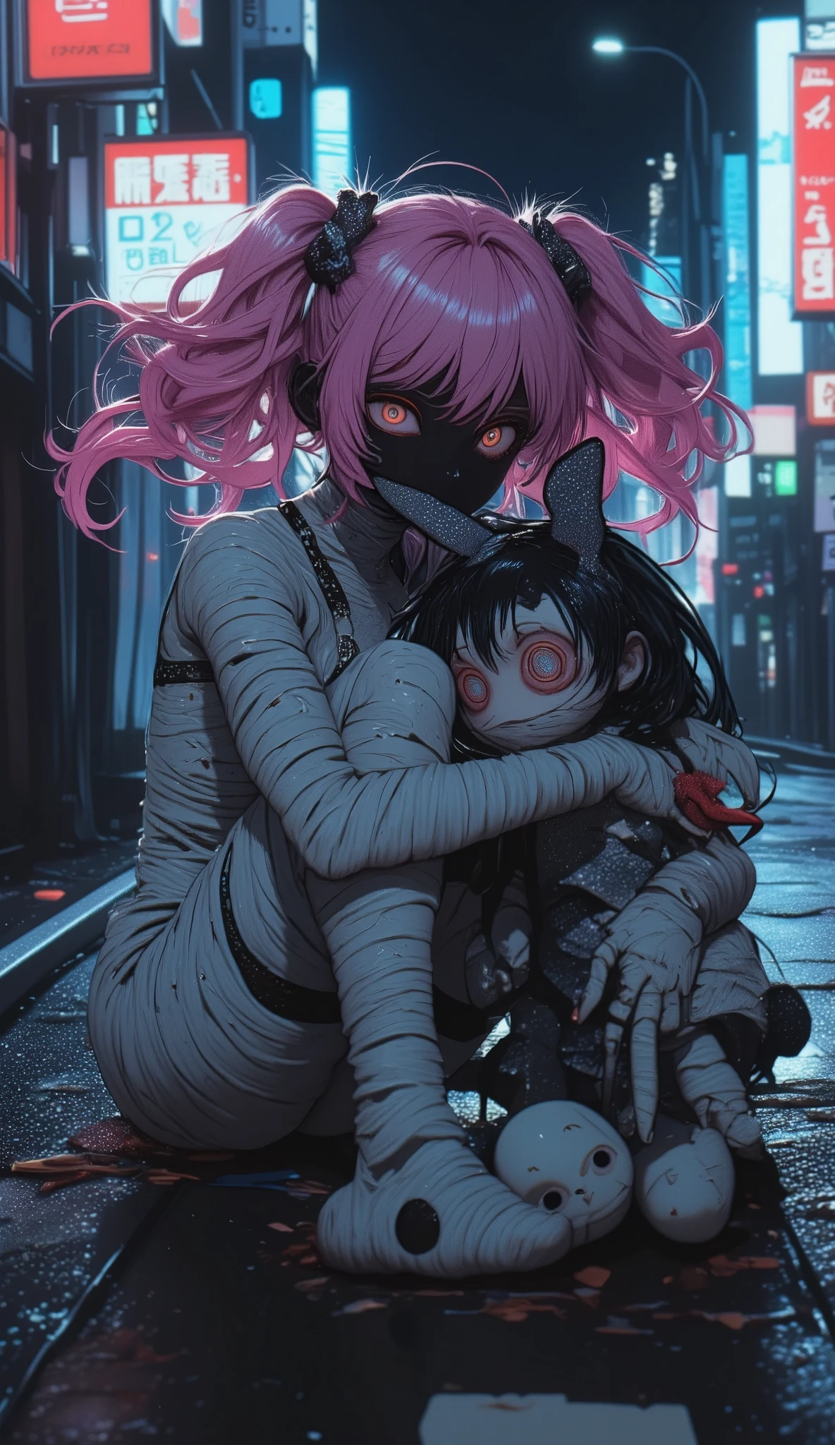 mummy-girl\(mummy,all body white bandaged, all face bandaged,hair\(black base and pink dip-dye hair,twintails,floating,rolled,detailed,shiny\),sitting on ground,breast,looking at viewer,\) is hugging doll\(rabbit\(bandaged mummy,evil\)\).background\(at alley,harajyuku\(tokyo,japan\),at night,dark\).quality\(8k,wallpaper of extremely detailed CG unit, high resolution, top-quality, top-quality real texture skin, hyper realistic, increase the resolution, RAW photos, best quality, highly detailed, the wallpaper,golden ratio,high saturation realism, vibrant colors, dramatic lighting, persuasive storytelling, atmospheric scenery, captivating visuals, intricate details, strong emotions,dreamlike world\).landscape