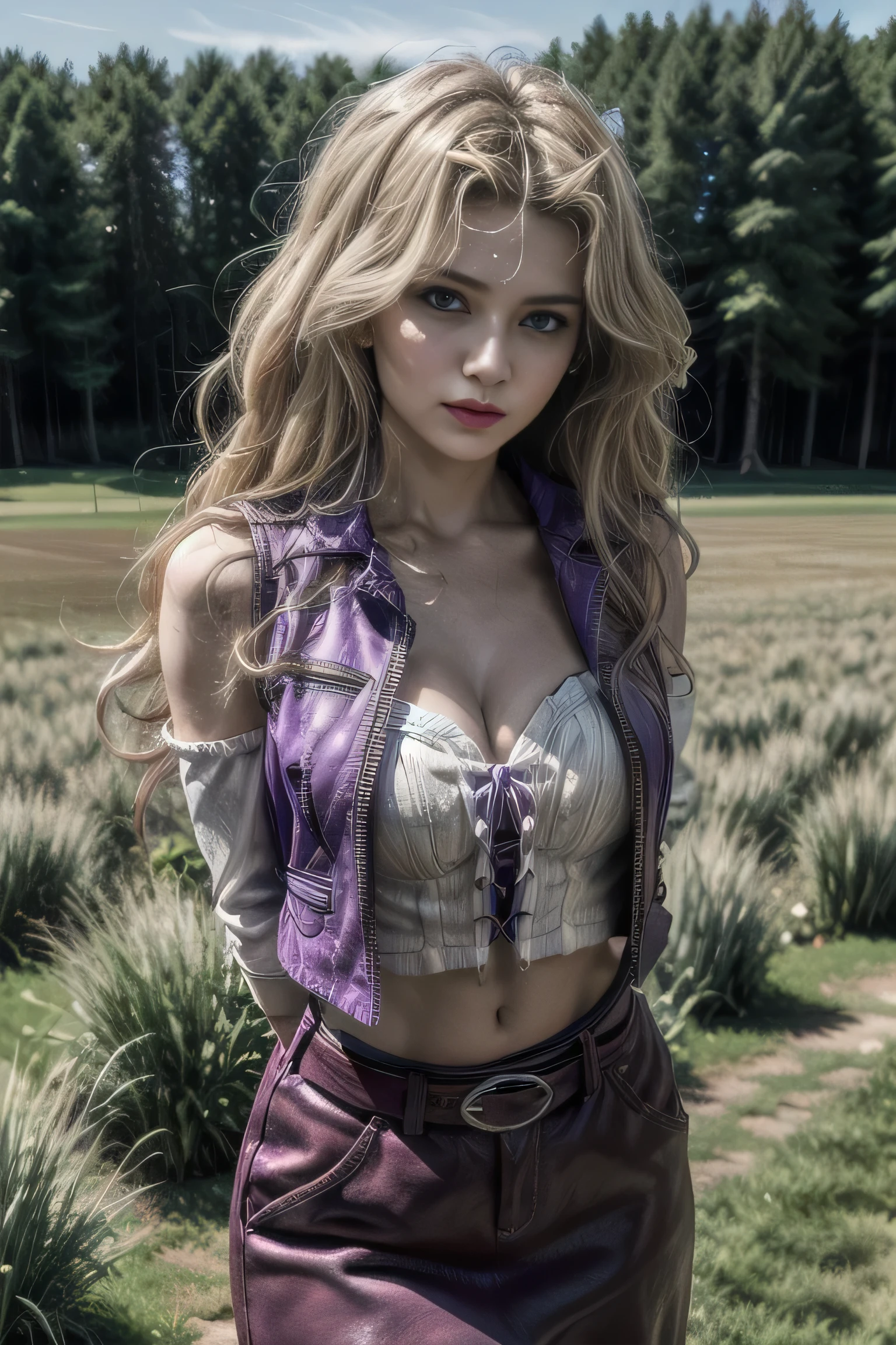 masterpiece, best quality, outdoor, grass, grass, field, flower field,1girl, solo, looking at the viewer, cowboy shot, blonde hair, purple eyes, breasts, blush, purple skirt, purple vest, long hair, big breasts, elbow gloves, white gloves, navel, cleavage, split sleeves, midriff, belt, vest, crop top, bustier, arms behind back,