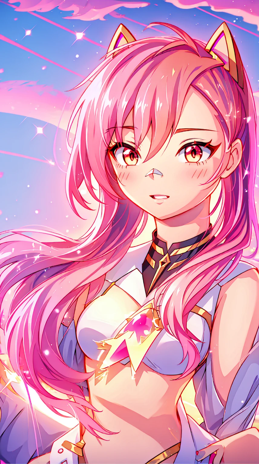  golden and red eyes1 girl , long pink hair, she wears , very long hair, bright pink hair ,glowing eyes、( highest quality 、very detailed、cute、 ultra high resolution ) 