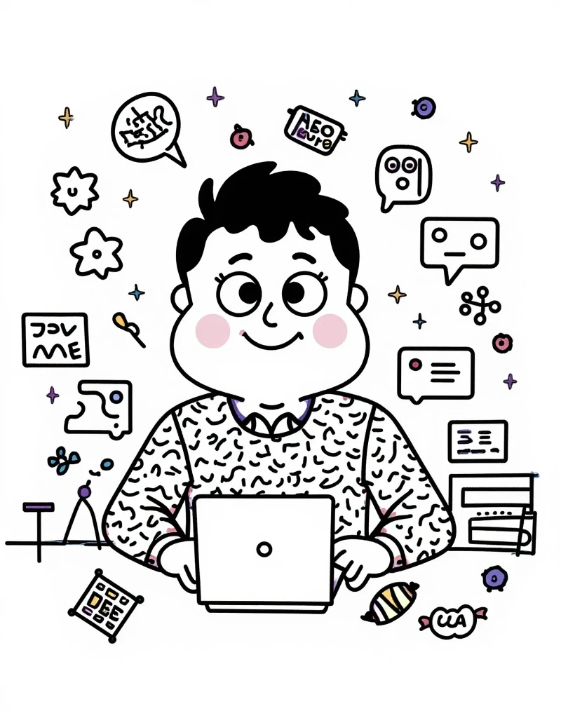 A person working on a laptop in an office,line art, in the style of line drawing style, cartoonish, black and white, editorial illustrations, playful character design, li - core, simple, minimalist, versatile, Notioly style, NORITAKE