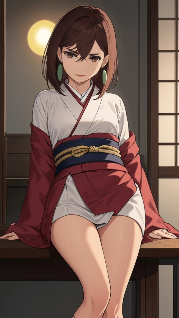 ((a woman wearing Japanese kimono)), (((straddling to hit her crotch against the corner edge of the low square table for masturbate))), open leg, hair up, ((a traditional Japanese New Year's indoor scene with a tokonoma alcove displaying a hanging scroll of mount fuji and sun)), angle from side,
 girl,momo ayase,brown eyes,red eyes,brown hair,earrings,medium hair,slouch socks,