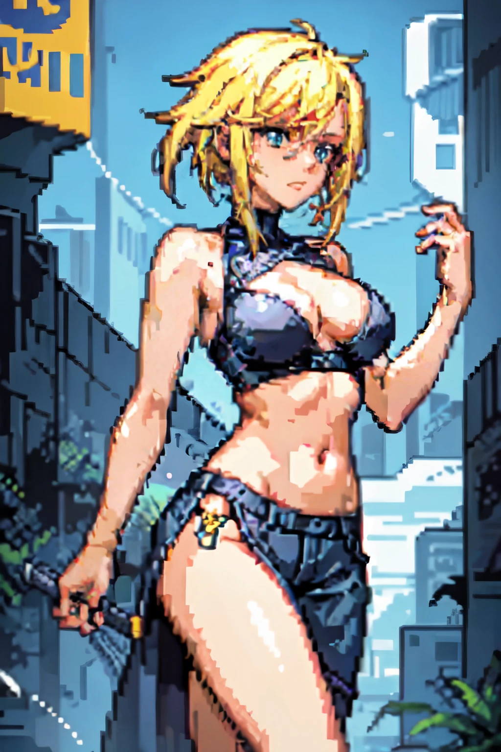 Girl, long hair , blue eyes, fringe, Blonde hair,  standing, high resolution, Hair clip, headphone, Necessary,  masterpiece , Pixel art, game Pixel art