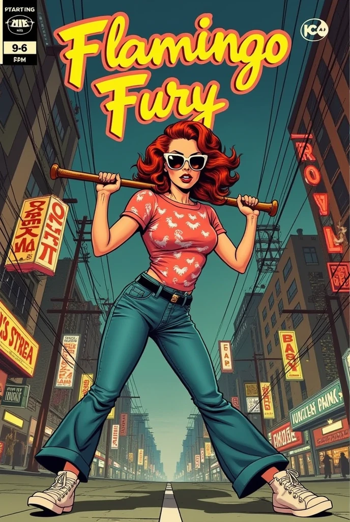  A striking 1940s comic book cover titled "Flamingo Fury" features a stunning woman with short, fiery red hair, exuding confidence and rebellion. Her sharp, bold features are accentuated by oversized sunglasses that catch the neon lights of a gritty cyberpunk city behind her. She’s dressed in a loose, vibrant flamingo-printed T-shirt, baggy blue jeans, and well-worn Nike sneakers, embodying a perfect mix of retro and futuristic style.

The focus of the cover is her intense, dynamic pose as she grips a baseball bat with both hands, ready for action. Her body is angled powerfully, with the fish-eye lens perspective zeroing in on her face, making her sunglasses and defiant expression the central point of attention. The bat gleams, caught in the glow of neon lights, adding to the energy of the scene. 

In the background, a towering, dystopian cyberpunk city looms with billboards, skyscrapers, and electric wires crisscrossing the sky. The streets below are dark and moody, filled with shadows and glowing hues of pink, blue, and green that bounce off the futuristic structures.

At the top of the cover, bold 1940s-style lettering spells out "Flamingo Fury," with dynamic action lines surrounding the title. In the bottom corner, an issue number ("Issue #5") is framed by a small logo, with the classic vintage comic book border adding to the overall retro aesthetic.

The combination of the futuristic setting, the bold colors, and the halftone shading creates a unique blend of 1940s comic book charm and edgy cyberpunk vibes, capturing both a sense of nostalgia and a pulse-pounding modern energy.