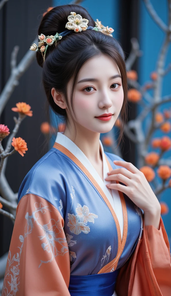  an elegant beautiful painted young woman with smooth glowing white skin decked out in traditional dress, possibly of East Asian origin .  The individual is wearing an intricate patterned and brightly colored garment ,  mainly features shades of blue and orange .  Their hair is styled in elegant flowing hairstyles ,  complemented by what appears to be a hat or crown ,  which adds to the regal look .  The background consists of stylized branches with orange-red flowers ,  that can evoke a scenery inspired by nature or folklore .  The overall composition of the image for see it may be related to cultural heritage ,  fashion or art that celebrates historical clothing styles .