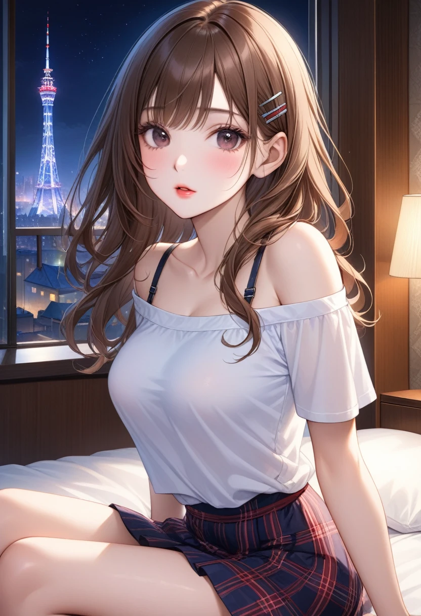 (Ultra-Detailed, Top Quality, High Resolution, Sharp Focus:1.4), (Craftsmanship Hyper-Realistic Photography:1.4), A beautiful 20 year old tiptop woman in an off-shoulder t-shirt, bra straps, plaid flared skirt is sitting on the bed in the hotel room at night, a horny atmosphere, looking at the viewer. She has medium brown hair and a hair clip, smooth pale skin, dark eyes, narrow nose, open mouth, rosy cheeks, shiny lips, medium sized breasts. Her face, body and even the texture of her hair are rendered in extreme detail. Background window with cityscape at night, (intricate background:1.1). Side view.