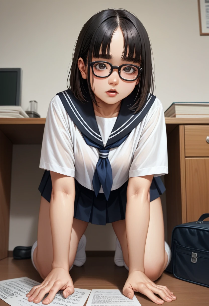 Get on all fours on the desk 、（ the bottom of my dirty black ankle socks:1.5）、  black sailor suit and skirt、（Middle School Plump Woman  ）、（Broad shoulders:1.2）、 shiny skin、 Black Hair 、（ split bangs ）、 medium hair、（ Thick eyebrows ）、（ Wide forehead ）、Glasses、  sweated、 best quality ,    highest resolution   ,  illustration style