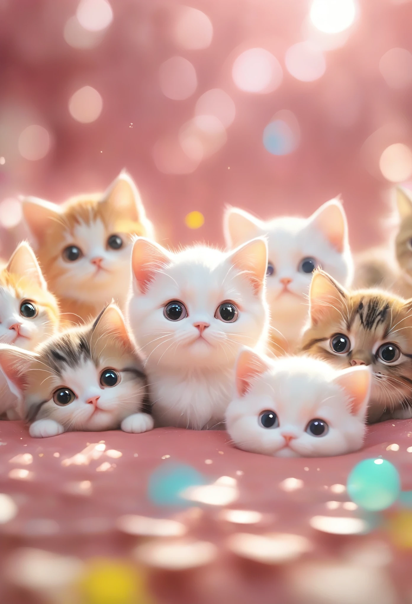 (masterpiece, Best Quality:1.2), Fisheye Lens:1.4， Multiple Cats Close-Up on a Pink Background, Cute numbers艺术,  Digital Art with Beautiful Details, 8K High Resolution Illustration Wallpaper , Cute numbers, Blurred dream picture, 4k HD wallpaper illustration ,  Cute 3D Rendering ,  beautiful artistic illustration  ,  2D Illustration ,  2D Illustration ,  Blurry Dreamy Illustration , Awesome concept art. Bokeh，