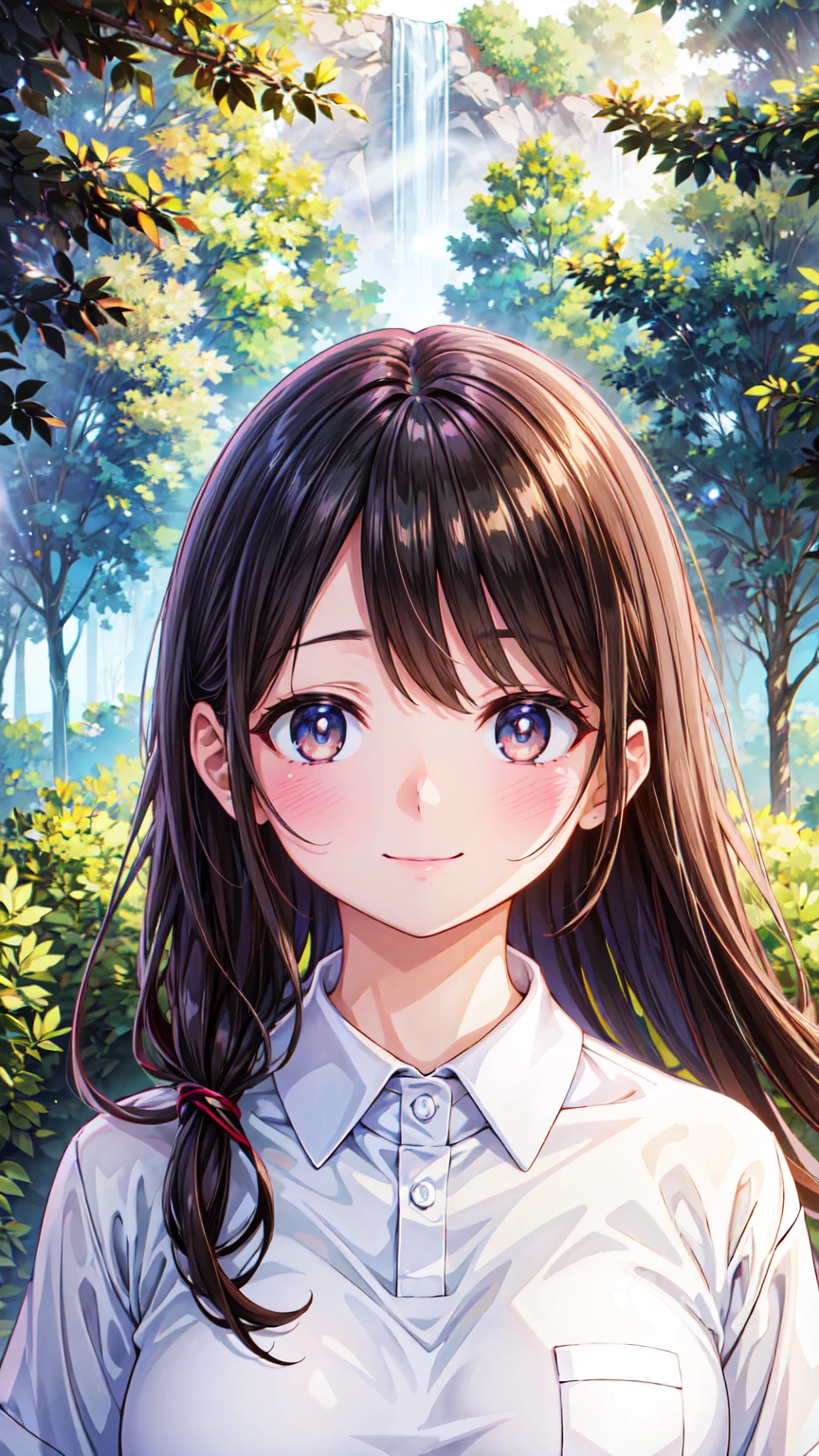 ( masterpiece ), (The best quality), ( super detail ), ( disheveled hair ), (illustration), (1 girl), (interview), (Brief description),  beautiful, detailed eyes ,  Delicate beautiful face  , floating, (high saturation), (Shine), focus on the face,  black hair, blows, Full smile, floating Hair. girl, maiden in love, illustration de pixiv, top quality, super detailed, smile, intelligent, hermoso rostro, 4k, Naturaleza,  sunlight through the trees,