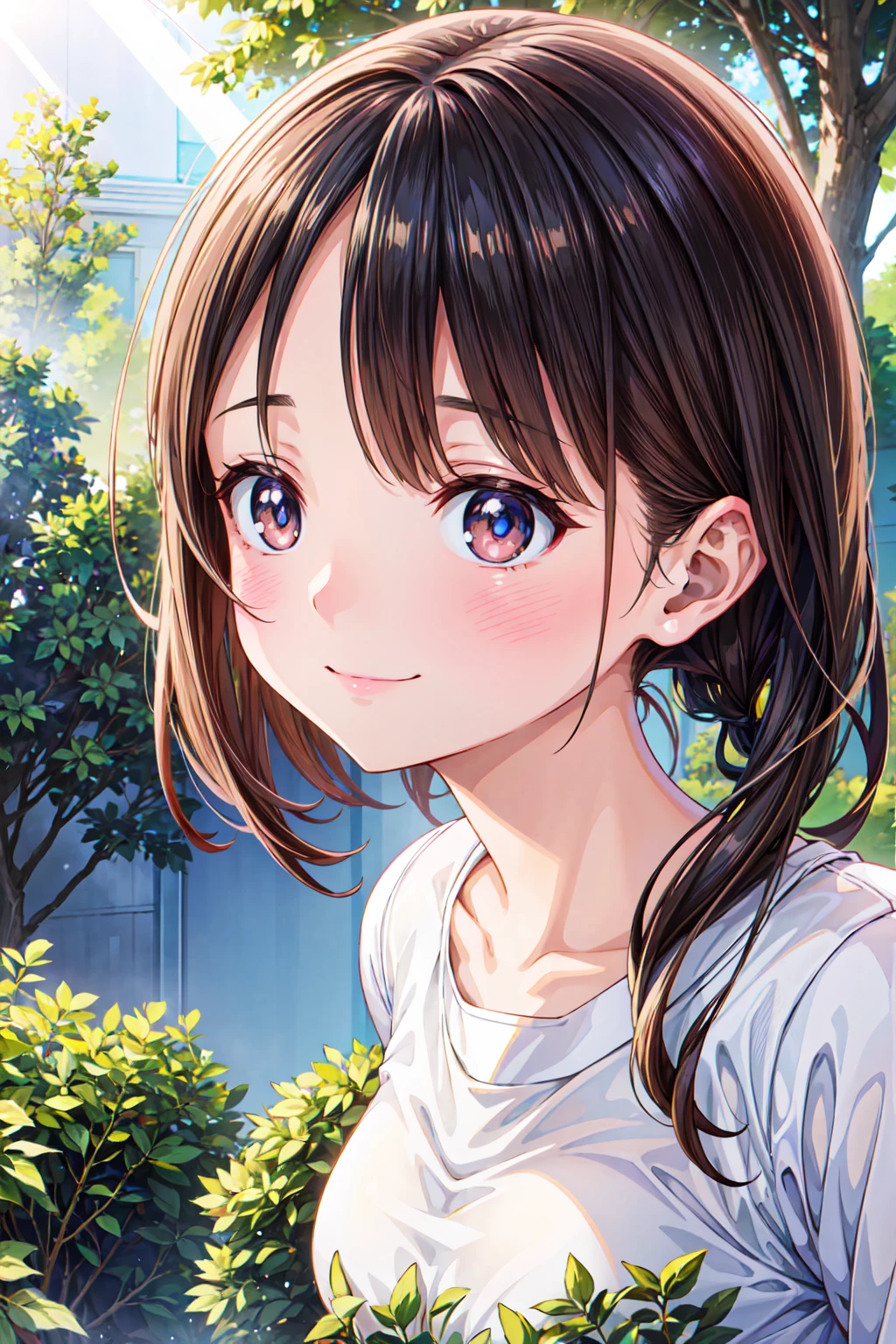 ( masterpiece ), (The best quality), ( super detail ), ( disheveled hair ), (illustration), (1 girl), (interview), (Brief description),  beautiful, detailed eyes ,  Delicate beautiful face  , floating, (high saturation), (Shine), focus on the face,  black hair, blows, Full smile, floating Hair. girl, maiden in love, illustration de pixiv, top quality, super detailed, smile, intelligent, hermoso rostro, 4k, Naturaleza,  sunlight through the trees,