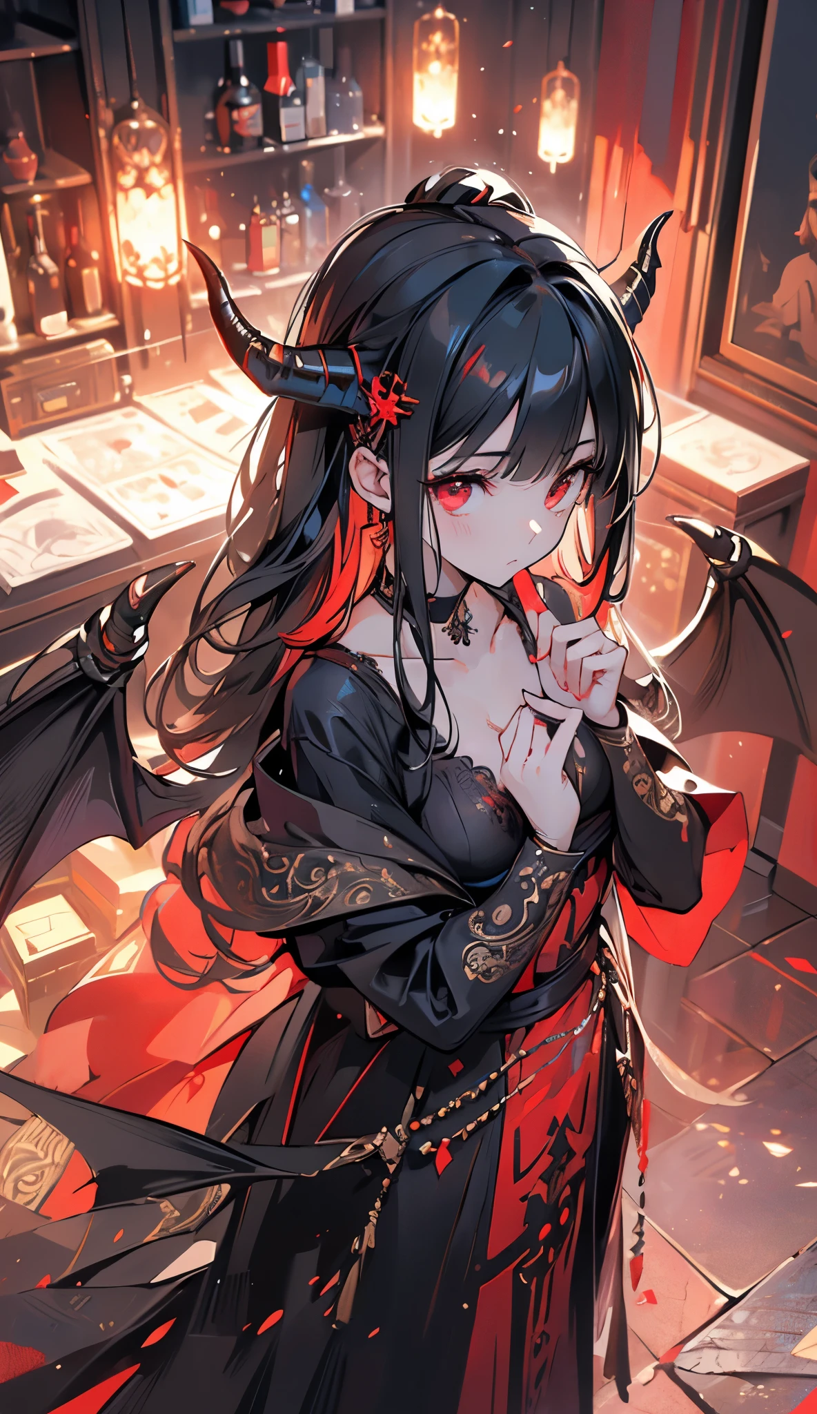 (masterpiece), (best quality), (detailed), light layer, lustrous skin, (intricate detailed , taut clothes, , demon wings,hair ornament :1.2), from above, black hair, black choker, long hair, hime cut, demon horns, circular demon horns, woman, blunt bangs, sidelocks, red eyes, holding quarterstaff,holding scythe,holding sword, (mature female:1.1), [uncensored, NSFW, nipples], side-ponytails  (simple background:1.1),  