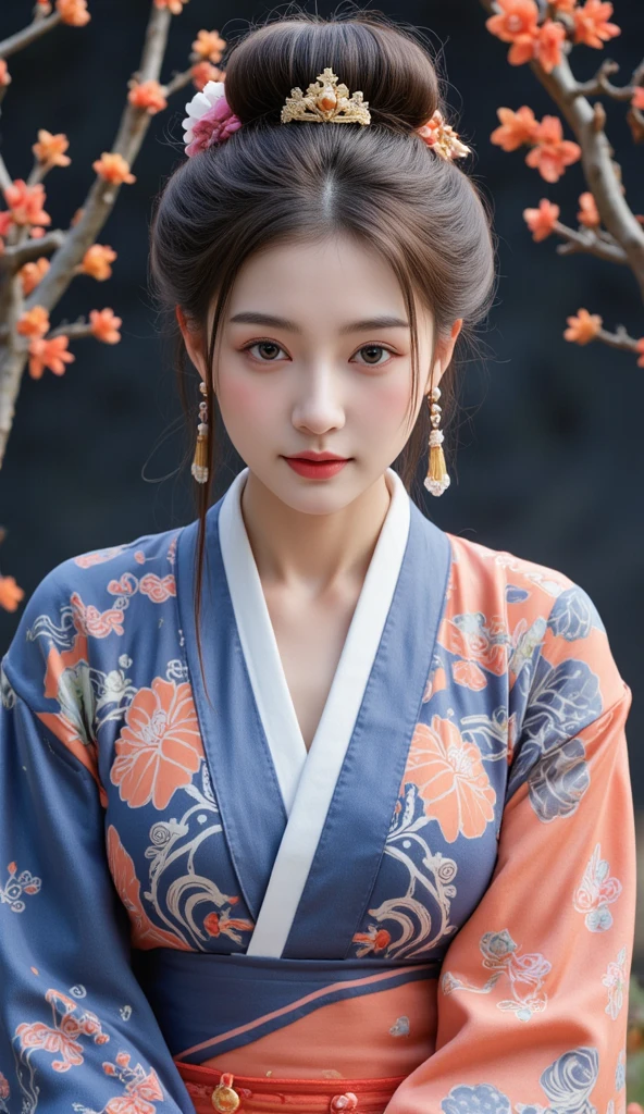  an elegant beautiful painted young woman with smooth glowing white skin decked out in traditional dress, possibly of East Asian origin .  The individual is wearing an intricate patterned and brightly colored garment ,  mainly features shades of blue and orange .  Their hair is styled in elegant flowing hairstyles ,  complemented by what appears to be a hat or crown ,  which adds to the regal look .  The background consists of stylized branches with orange-red flowers ,  that can evoke a scenery inspired by nature or folklore .  The overall composition of the image for see it may be related to cultural heritage ,  fashion or art that celebrates historical clothing styles .