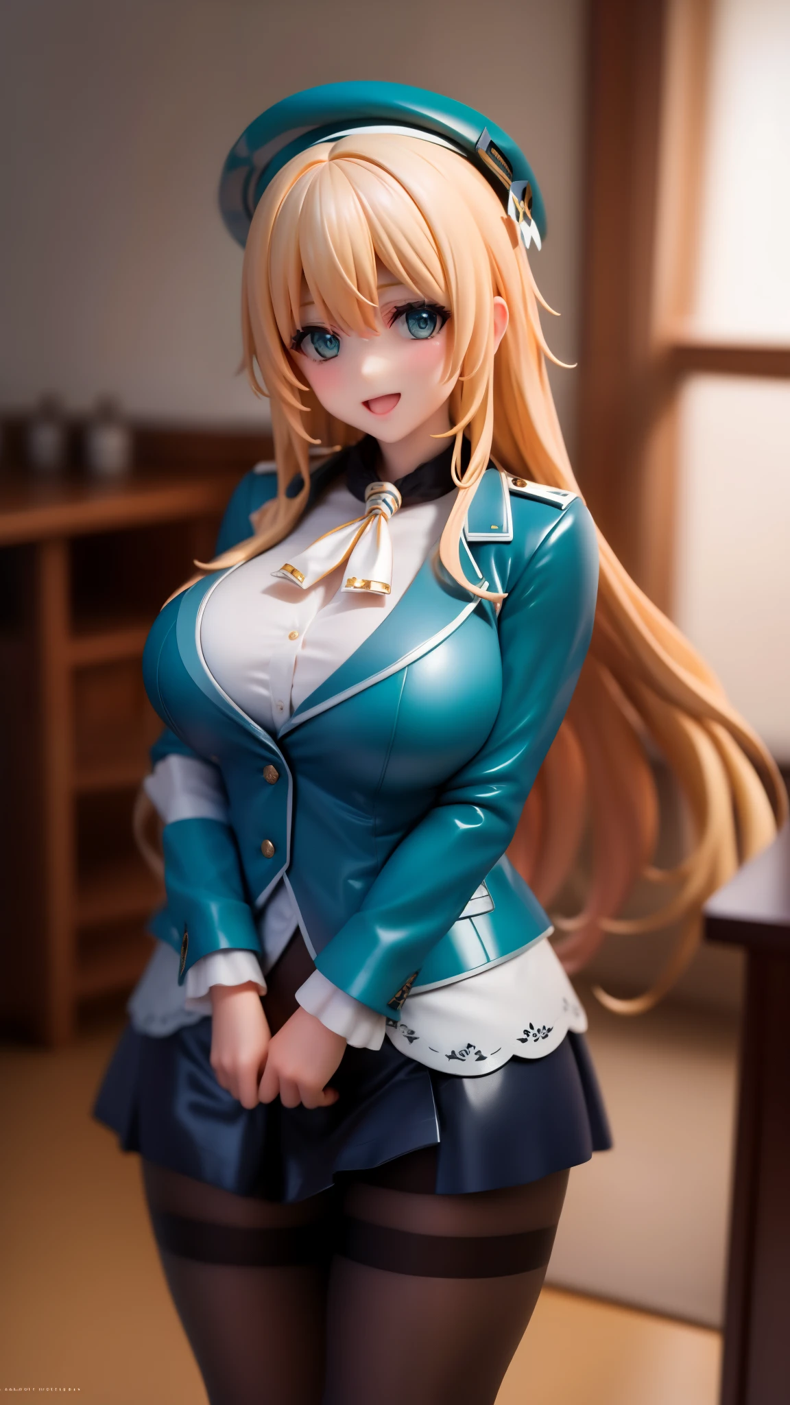 , Looking at Viewer,
blonde hair, very long hair,large breasts, Smile, Open mouth, bsmile,wide hips,long hair,indoor,uniform,AtagoKC, (Atago) uniform,blue beret,black pantyhose,military uniform,blue jacket,ascot,black grove,blue long skirt,long skirt,office,