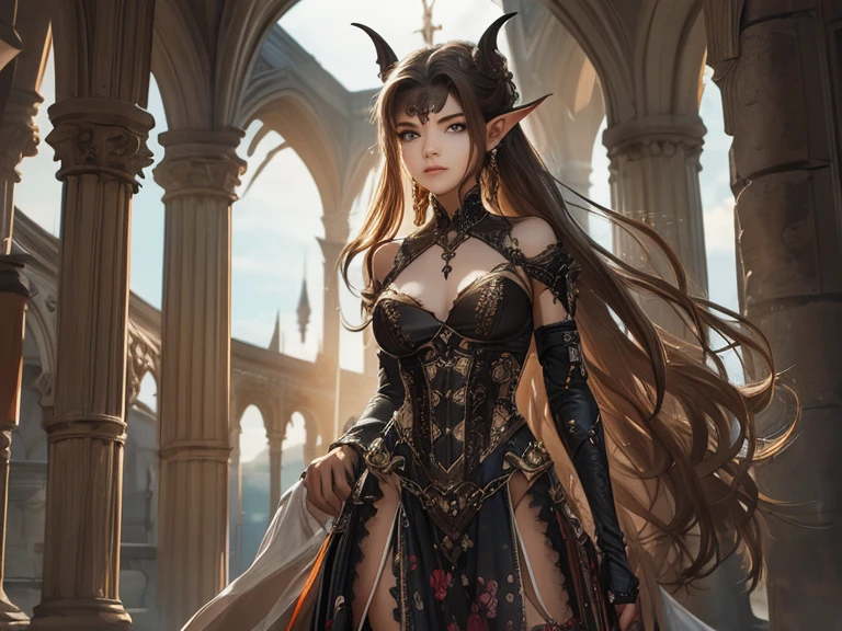 ( a 16-year-old female teenager ), (demon girl), (perfect anatomy), (Ultra Detailed), (better quality), ( pointy ears with pircings ), succubus (with tail), (Large handles)a brown haired girl(long hair), Choppy Hair,  woman(Amber), white skinned, Your ears are pointy,  she wears a sensual medieval dress with a neckline with her breasts partially showing, ( dress that ends above the knees ),  sexy young girl , standing position, , looking up, She is at an evening premiere 