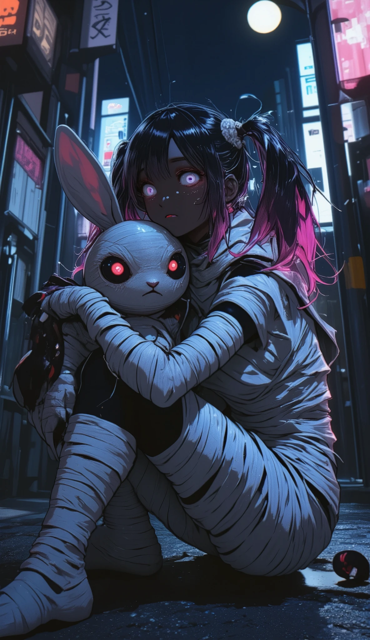 mummy-girl\(mummy,all body white bandaged, all face bandaged,hair\(black base and pink dip-dye hair,twintails,floating,rolled,detailed,shiny\),sitting on ground,breast,looking at viewer,\) is hugging doll\(rabbit\(bandaged mummy,evil\)\).background\(at alley,harajyuku\(tokyo,japan\),at night,dark\).quality\(8k,wallpaper of extremely detailed CG unit, high resolution, top-quality, top-quality real texture skin, hyper realistic, increase the resolution, RAW photos, best quality, highly detailed, the wallpaper,golden ratio,high saturation realism, vibrant colors, dramatic lighting, persuasive storytelling, atmospheric scenery, captivating visuals, intricate details, strong emotions,dreamlike world\).landscape