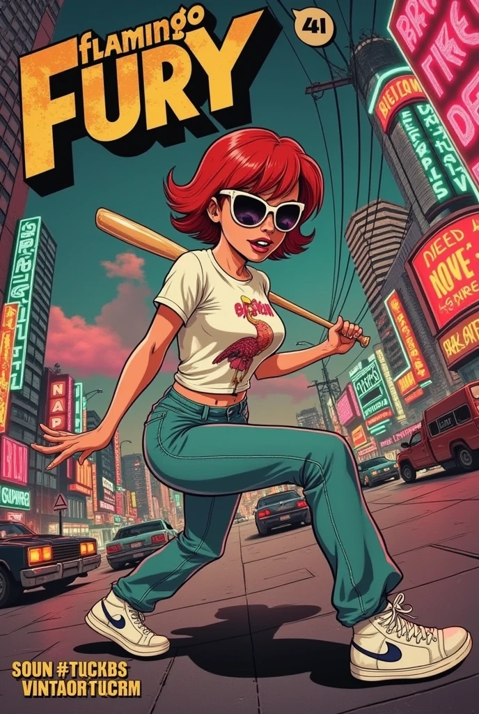 **Prompt:** A 1940s comic book cover titled "Flamingo Fury" showcases a captivating, red-haired woman with a bold, modern edge. Her short, fiery red hair contrasts with the oversized sunglasses that reflect the glowing neon lights of a sprawling cyberpunk city behind her. She’s dressed in a loose, flamingo-printed T-shirt, baggy jeans, and worn Nike sneakers, giving her a laid-back yet rebellious vibe.

The cover uses a striking fish-eye lens perspective that warps the scene dynamically, emphasizing her face as the central focus. She grips a baseball bat with both hands, the bat almost leaping out of the frame due to the exaggerated angle. Her expression is fierce and determined, adding intensity to her poised stance. The fish-eye effect distorts the bat, making it seem even larger and closer to the viewer, while her body curves in a dynamic, action-filled pose.

The background features a cyberpunk cityscape, with towering buildings, electric wires, and neon signs glowing in shades of pink, blue, and green, curving slightly around the edges of the frame due to the fish-eye lens effect. 

At the top, the title "Flamingo Fury" is emblazoned in bold, vintage lettering, surrounded by energetic action lines and bursts that reflect the explosive energy of the scene. The issue number and comic book logo are placed in the lower corner, completing the traditional elements of a 1940s comic book cover.

The fish-eye lens perspective, vibrant neon colors, and futuristic yet retro aesthetic make this a dynamic and visually stunning 1940s-style comic cover, blending the energy of a cyberpunk world with the charm of vintage comics.