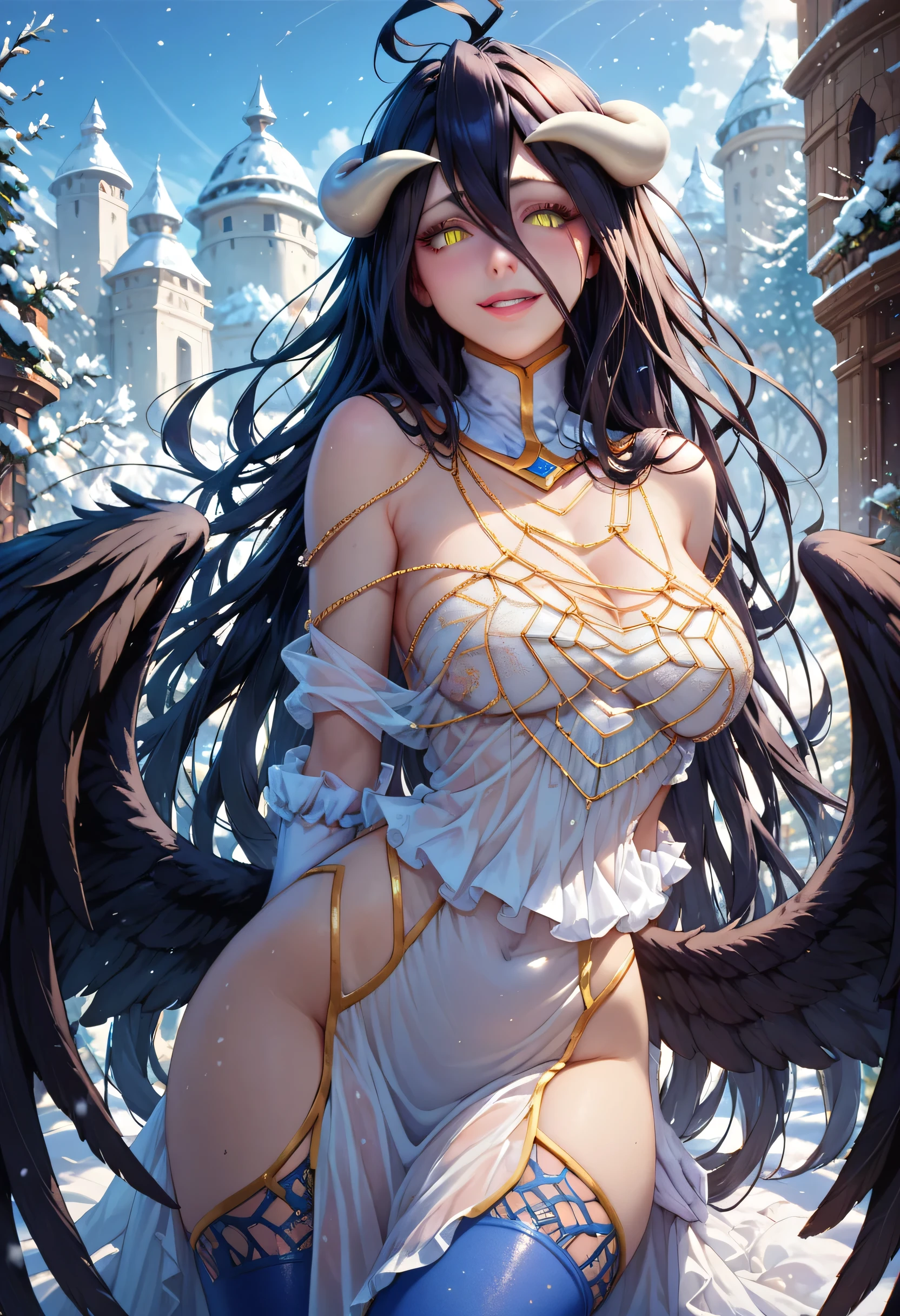 1 girl,albedo,  long hair,  black hair, Horns, demon girl, Horns de demonio, albedo,  hair between the eyes ,  yellow-eyed ,  Cleft pupils,  anime coloring , in blue leggings , in a beautiful snowy landscape..