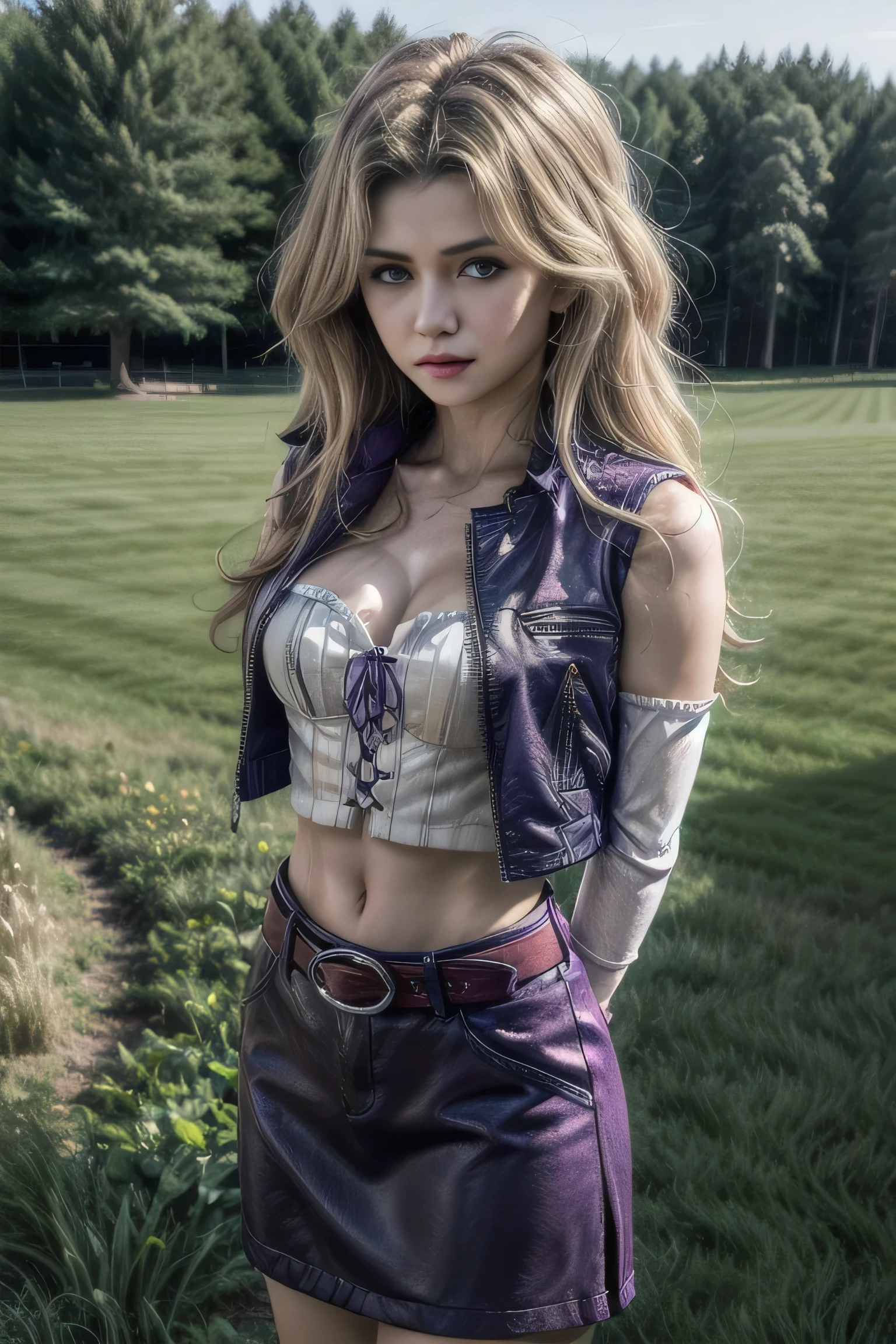 masterpiece, best quality, outdoor, grass, grass, field, flower field,1girl, solo, looking at the viewer, cowboy shot, blonde hair, purple eyes, breasts, blush, purple skirt, purple vest, long hair, big breasts, elbow gloves, white gloves, navel, cleavage, split sleeves, midriff, belt, vest, crop top, bustier, arms behind back,