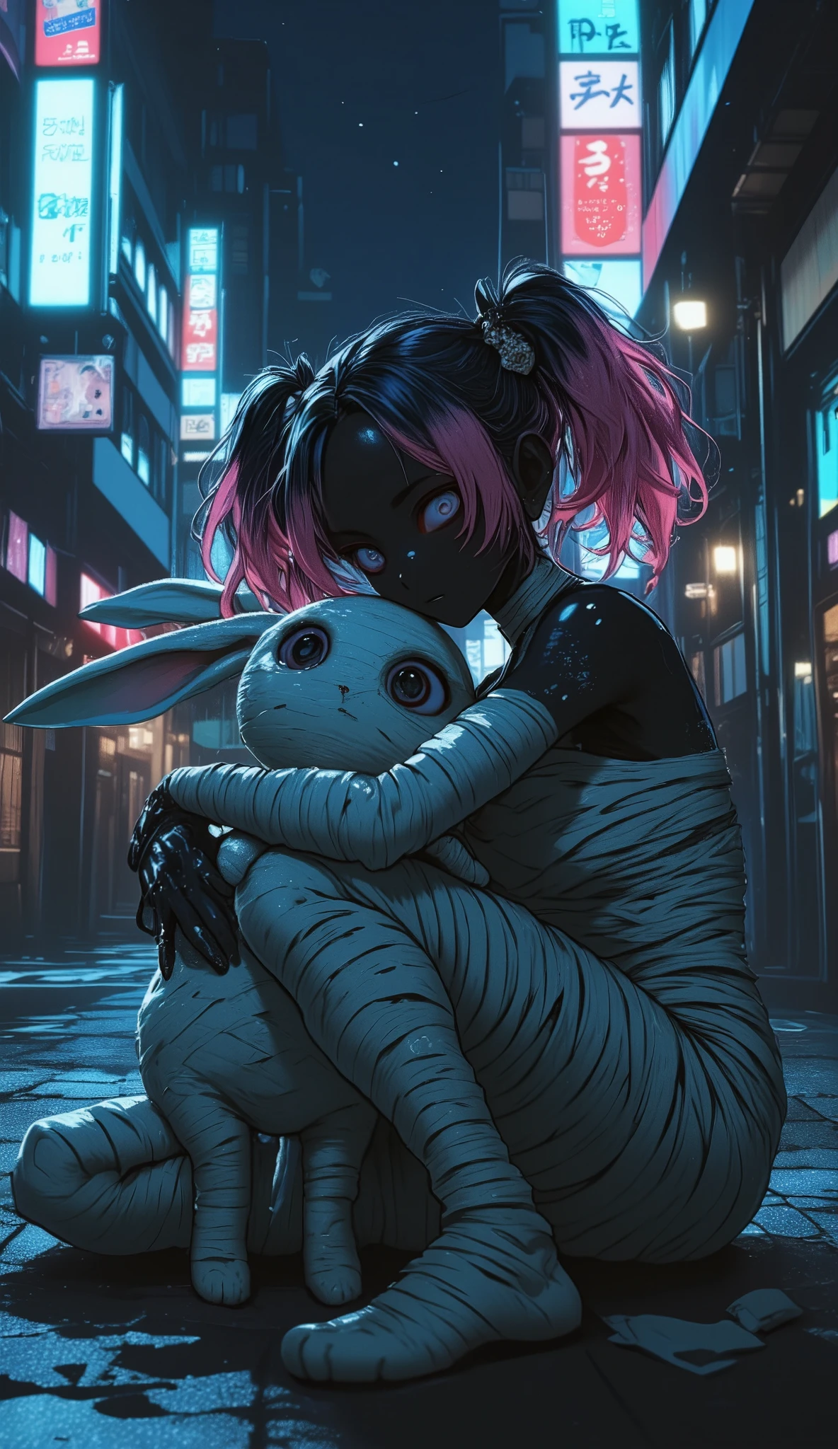 mummy-girl\(mummy,all body white bandaged, all face bandaged,hair\(black base and pink dip-dye hair,twintails,floating,rolled,detailed,shiny\),sitting on ground,breast,looking at viewer,\) is hugging doll\(rabbit\(bandaged mummy,evil\)\).background\(at alley,harajyuku\(tokyo,japan\),at night,dark\).quality\(8k,wallpaper of extremely detailed CG unit, high resolution, top-quality, top-quality real texture skin, hyper realistic, increase the resolution, RAW photos, best quality, highly detailed, the wallpaper,golden ratio,high saturation realism, vibrant colors, dramatic lighting, persuasive storytelling, atmospheric scenery, captivating visuals, intricate details, strong emotions,dreamlike world\).landscape