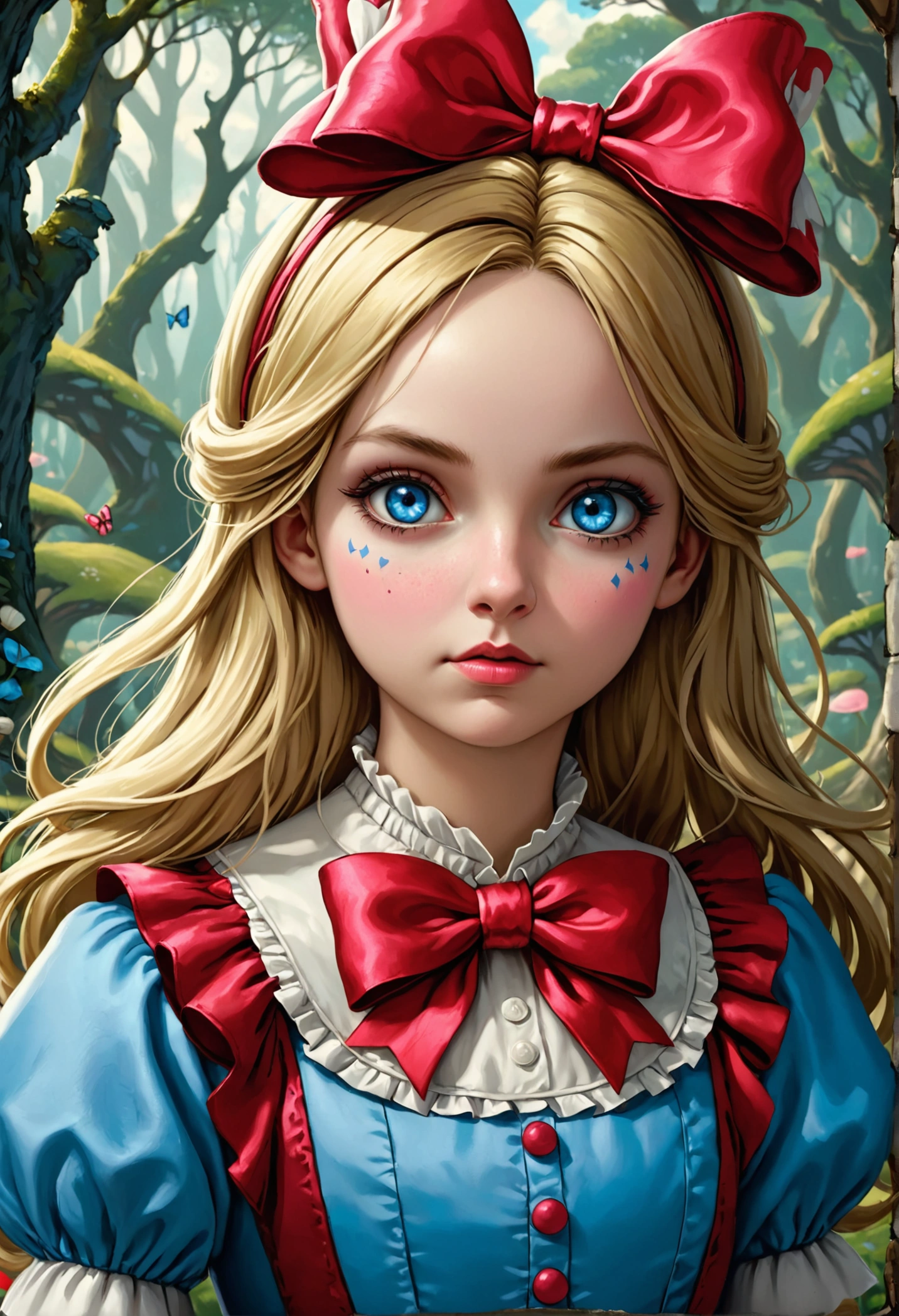 1girl, masterpiece, best quality, 8k, detailed skin texture, detailed cloth texture, beautiful detailed face, intricate details, ultra detailed, Alice in Wonderland, (a bow on her head:1.1), upper body