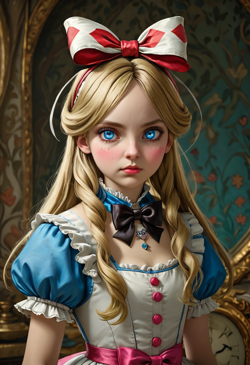 1girl, masterpiece, best quality, 8k, detailed skin texture, detailed cloth texture, beautiful detailed face, intricate details, ultra detailed, Alice in Wonderland, (a bow on her head:1.1), upper body