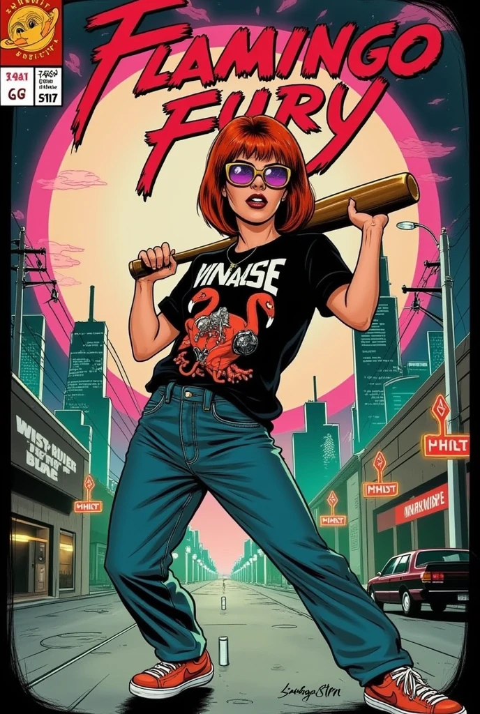 **Prompt:** A 1940s comic book cover titled "Flamingo Fury" showcases a captivating, red-haired woman with a bold, modern edge. Her short, fiery red hair contrasts with the oversized sunglasses that reflect the glowing neon lights of a sprawling cyberpunk city behind her. She’s dressed in a loose, flamingo-printed T-shirt, baggy jeans, and worn Nike sneakers, giving her a laid-back yet rebellious vibe.

The cover uses a striking fish-eye lens perspective that warps the scene dynamically, emphasizing her face as the central focus. She grips a baseball bat with both hands, the bat almost leaping out of the frame due to the exaggerated angle. Her expression is fierce and determined, adding intensity to her poised stance. The fish-eye effect distorts the bat, making it seem even larger and closer to the viewer, while her body curves in a dynamic, action-filled pose.

The background features a cyberpunk cityscape, with towering buildings, electric wires, and neon signs glowing in shades of pink, blue, and green, curving slightly around the edges of the frame due to the fish-eye lens effect. 

At the top, the title "Flamingo Fury" is emblazoned in bold, vintage lettering, surrounded by energetic action lines and bursts that reflect the explosive energy of the scene. The issue number and comic book logo are placed in the lower corner, completing the traditional elements of a 1940s comic book cover.

The fish-eye lens perspective, vibrant neon colors, and futuristic yet retro aesthetic make this a dynamic and visually stunning 1940s-style comic cover, blending the energy of a cyberpunk world with the charm of vintage comics.