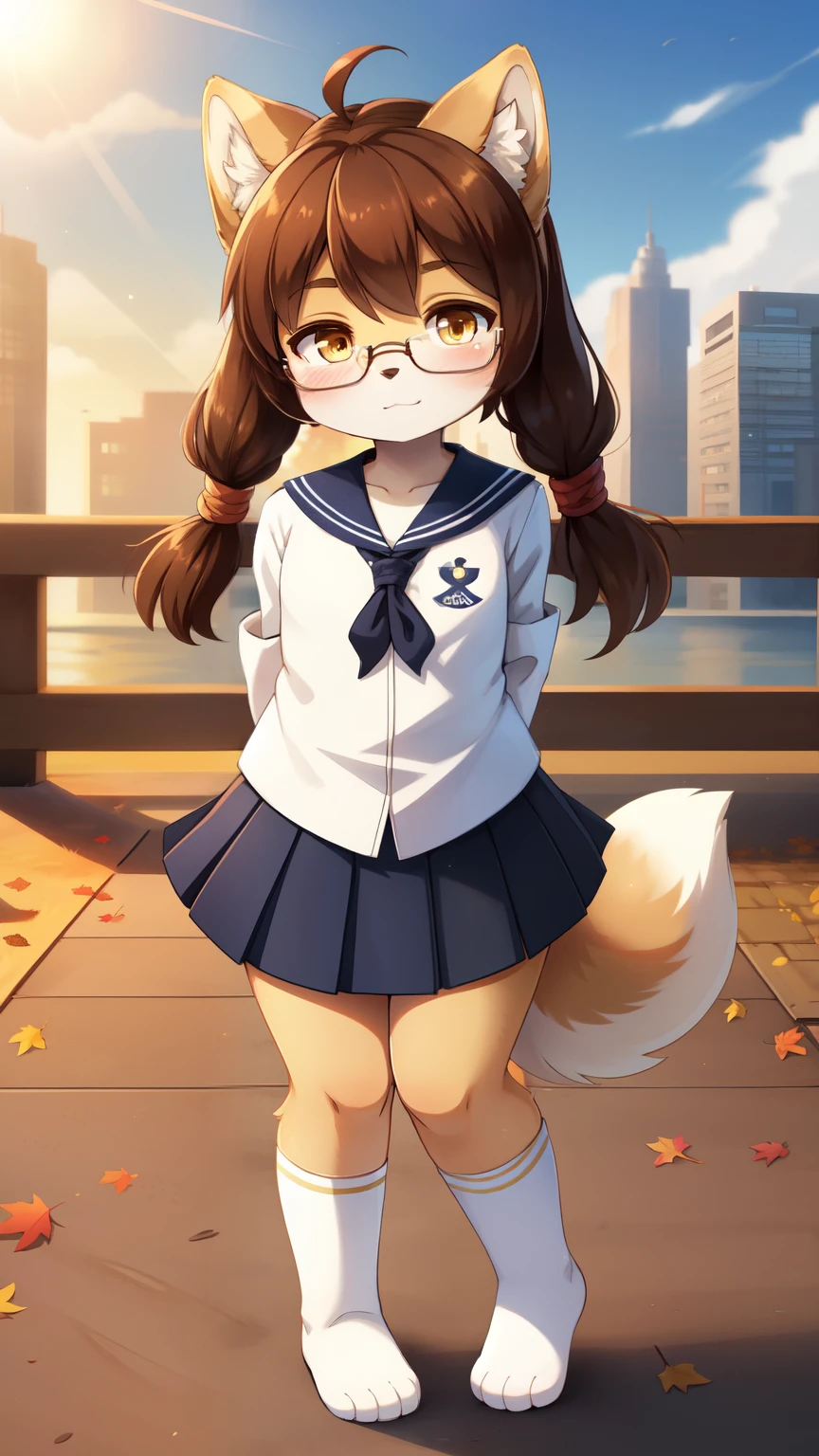 sauce_comics, sauce_ furry， very young very ，Inumi ，Glasses，Bean shiba，Brown Hair,  twin tails,  yellow eyes, Small breasts, Detailed body fur, ((Sailor suit， pleated skirt，white)), Masterpiece anime style, Two-tone hair, Brown body hair, clear Brown body hair, (Bean shiba tail), (Bean shiba ears), Detailed face,  thick eyebrows, fine grain, Detailed body, Autumn cityscape, sunny, , Shining Body,  shiny body, motion blur, whole body, Three-toed feet, three toes, I&#39;m watching you，:3, smile,  Dynamic Angle, I&#39;m watching you,  in the center standing,  sexy, cute，Cunning gestures，Girl&#39;s Temptation，At dusk，Beautiful sunset，