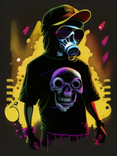   pixador skeleton with gas mask and cap,  splash from below,  spray , track, 80's,  Vector Image,  t-shirt design, Isolated,  black background, Illustration,  Use only yellow and red green , character "TDR" emphasis