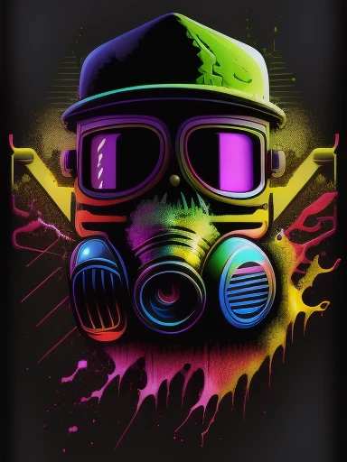   pixador skeleton with gas mask and cap,  splash from below,  spray , track, 80's,  Vector Image,  t-shirt design, Isolated,  black background, Illustration,  Use only yellow and red green , character "TDR" emphasis