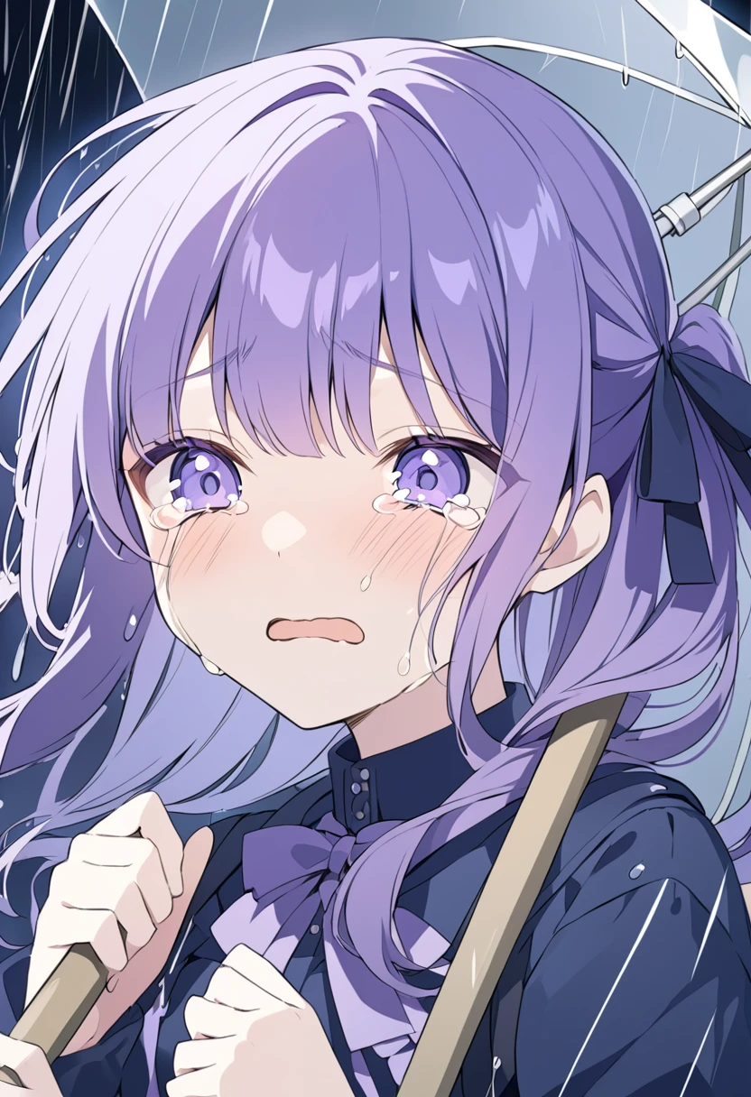 ((anime))、pastel、 woman,Purple Hair,Navy Clothes, crying,In the Rain