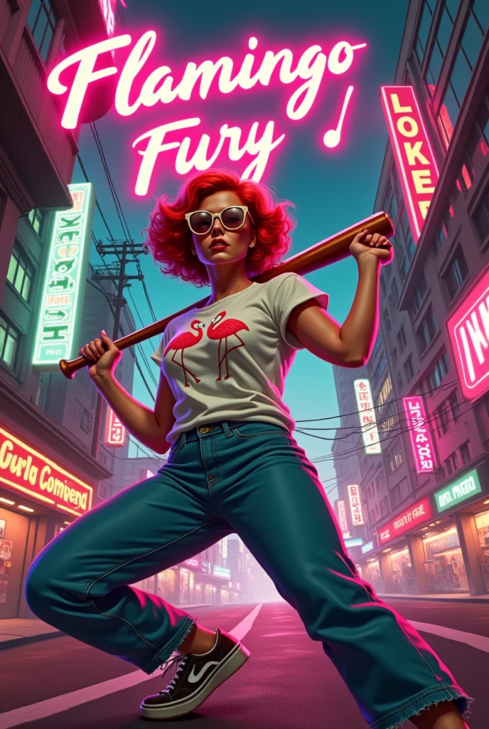 **Prompt:** A 1940s comic book cover titled "Flamingo Fury" showcases a captivating, red-haired woman with a bold, modern edge. Her short, fiery red hair contrasts with the oversized sunglasses that reflect the glowing neon lights of a sprawling cyberpunk city behind her. She’s dressed in a loose, flamingo-printed T-shirt, baggy jeans, and worn Nike sneakers, giving her a laid-back yet rebellious vibe.

The cover uses a striking fish-eye lens perspective that warps the scene dynamically, emphasizing her face as the central focus. She grips a baseball bat with both hands, the bat almost leaping out of the frame due to the exaggerated angle. Her expression is fierce and determined, adding intensity to her poised stance. The fish-eye effect distorts the bat, making it seem even larger and closer to the viewer, while her body curves in a dynamic, action-filled pose.

The background features a cyberpunk cityscape, with towering buildings, electric wires, and neon signs glowing in shades of pink, blue, and green, curving slightly around the edges of the frame due to the fish-eye lens effect. 

At the top, the title "Flamingo Fury" is emblazoned in bold, vintage lettering, surrounded by energetic action lines and bursts that reflect the explosive energy of the scene. The issue number and comic book logo are placed in the lower corner, completing the traditional elements of a 1940s comic book cover.

The fish-eye lens perspective, vibrant neon colors, and futuristic yet retro aesthetic make this a dynamic and visually stunning 1940s-style comic cover, blending the energy of a cyberpunk world with the charm of vintage comics.