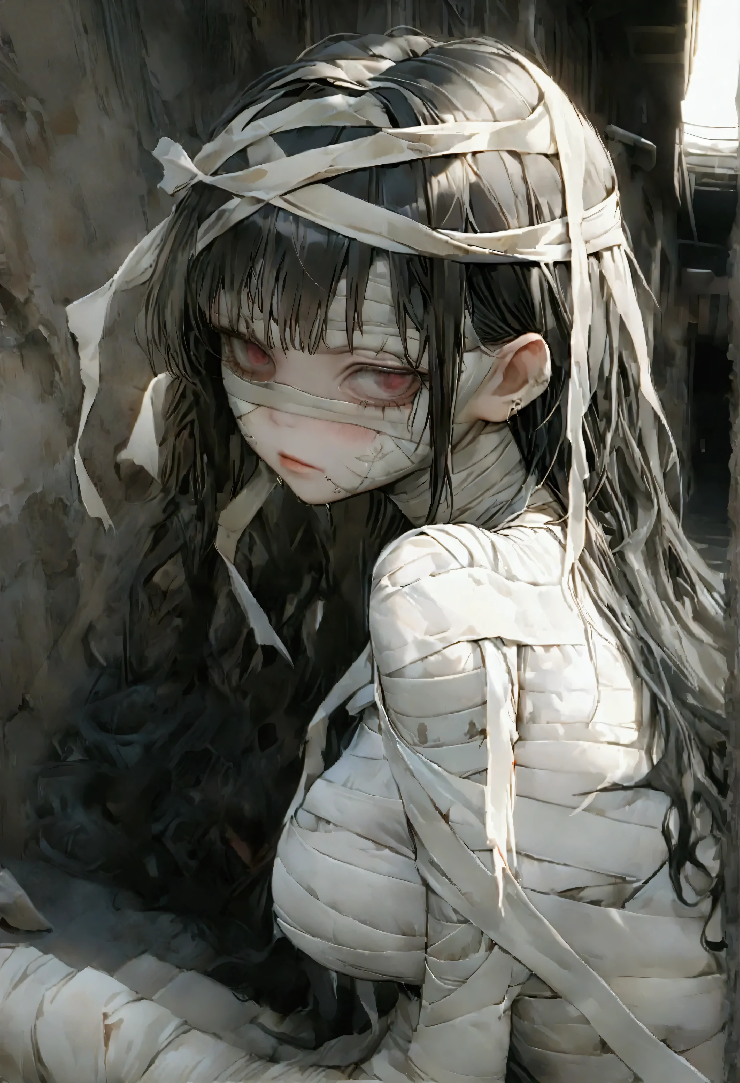 1girl\((mummy\(bandaged\):1.3),(face bandaged:1.8),(body bandaged:1.3),pure black skin,(cute,jitome,evil,gothic-lolita fashion:1.3),age of 18,eyes\(big,beautiful,many star-shaped highlights\),hair\(black,pink dip-dye hair,twintails,floating,rolled,detailed,shiny\),,eye corners\(pink:1.3\),(narrow eyes),sitting on ground,(breast:1.3),looking at viewer,holding doll\(rabbit\(bandaged mummy,evil\)\)\). BREAK .background\(at alley,harajyuku\(tokyo,japan\),at night,dark\). BREAK .quality\(8k,wallpaper of extremely detailed CG unit, high resolution, top-quality, top-quality real texture skin, hyper realistic, increase the resolution, RAW photos, best quality, highly detailed, the wallpaper,golden ratio,high saturation realism, vibrant colors, dramatic lighting, persuasive storytelling, atmospheric scenery, captivating visuals, intricate details, strong emotions,dreamlike world\),,