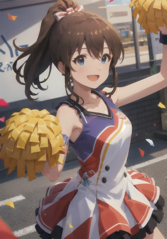  1 girl, Minaka Satake ( million people live), Brown Hair,  ponytail, ( best quality , 8k, masterpiece, Super detailed:1.2), ( lens flare , Particles of light, Sparkle),  depth of field , day, 斑点のあるday光,  1 girl, Alone,  cheerleader, Pom-pom \( cheerleading\),  charming smile,  cinematic angle ,  Head Tilt,  cowboy shot, (Outdoor, street), Carousel, wind,  backlight , shadow, Confetti, :d,