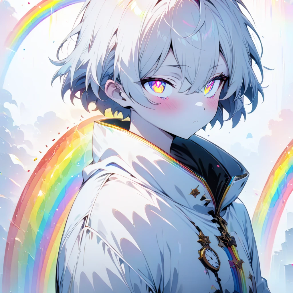 [( white background :1.5)], ((masterpiece)),  high quality, (( unique)), ((1 person)), (White short hair), (Rainbow eyes), Bright skin,  white parka,   upper body , (( anime style)), (clock rainbow effect :1.3),a boy