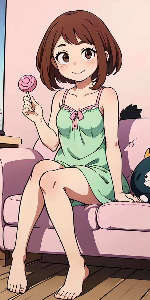  masterpiece ,  superior quality , charming pose,   wide full body angle , smile, (sitting:1.1) ,uraraka, Hold a pink lollipop ,  sitting on the couch ,  wear only a green nightgown