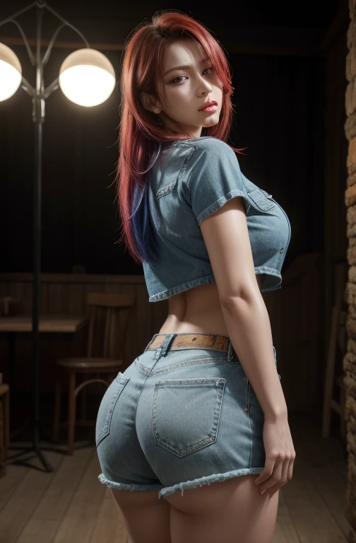 a sexy athletic woman,large breasts,thick thighs,large buttocks,denim shorts,tied shirt,red green blue hair,(best quality,4k,8k,highres,masterpiece:1.2),ultra-detailed,(realistic,photorealistic,photo-realistic:1.37),HDR,UHD,studio lighting,extremely detailed face and eyes,beautiful detailed eyes,beautiful detailed lips,longeyelashes,dynamic pose,looking at viewer,vivid colors,dramatic lighting