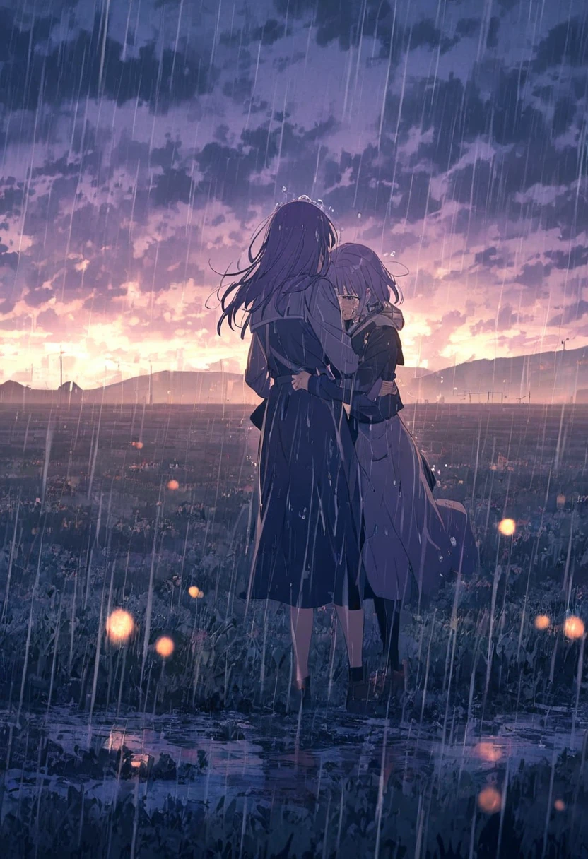 ((anime))、pastel、 woman,Purple Hair,Navy Clothes, crying,In the Rain,Standing on the Plains,