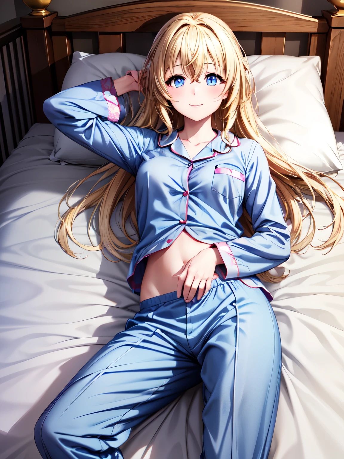 Masterpiece、Best Quality、Best Quality、Otome、smile、 one girl shaking her hips、solo、Photographed from the front、smile、Blonde、Long beautiful hair、Beautiful and attractive blue eyes、Long Hair、Small breasts、 closed mouth、smile、Attractive eyes、( lying in bed:1.1)、(Sleeping on your back:1.2)、Half asleep、(Long pants、In pajamas:1.3),In pajamas、 sharp pupils 、  Kampala、  Kampala、 super fine painting,、( very detailed 、color、Sparkle)、(Genuine、Real、Realistic:1.2)、Small breasts、  Kampala、超 Kampala、