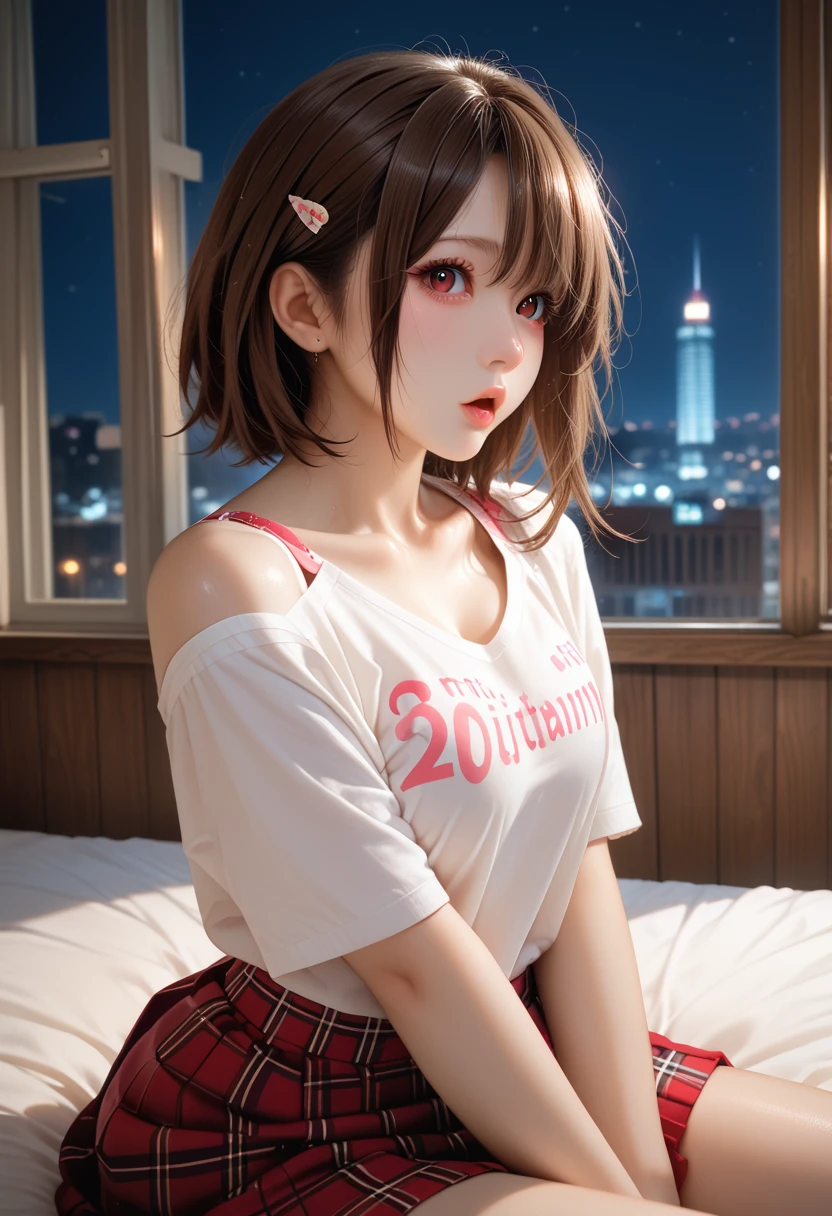 (Ultra-Detailed, Top Quality, High Resolution, Sharp Focus:1.4), (Craftsmanship Hyper-Realistic Photography:1.4), A beautiful 20 year old tiptop woman in an off-shoulder t-shirt, bra straps, plaid flared skirt is sitting on the bed in the hotel room at night, a horny atmosphere, looking at the viewer. She has medium brown hair and a hair clip, smooth pale skin, dark eyes, narrow nose, open mouth, rosy cheeks, shiny lips, medium sized breasts. Her face, body and even the texture of her hair are rendered in extreme detail. Background window with cityscape at night, (intricate background:1.1). Side view.