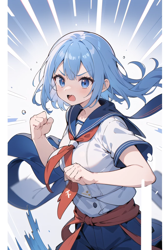  1 girl, Alone, Fighting Girl,Kung Fu Master,Wearing Light,Sailor suit, combat readiness,Ready Pose,Hit energy waves,Lightning Aura,
Blue Hair, Long Hair,White background,   simple background, Kampala,  high detail,  lens flare , chromatic aberration, Halftone Style, 8K Octane,  illustration , Ultra-detailed, Gentle coloring,