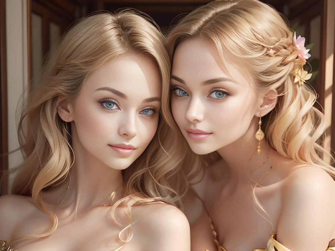 2 gorgeous european blond women、 long wavy hair、She&#39;s a model、 Sexy Poses、Sexy legs、 perfect face、 perfect eyes、Perfect hands、 perfect、Perfect Hair、 perfect body、(美しいsmile:1.0) cinematic lighting 、Kamikoshen 、 backlight 、 drop shadow 、Fuji color、Nikon、UHD、retina、masterpiece、correct、 anatomically correct、Textured Skin、 super detail in the crowd、 high detail、high quality、Awards、最high quality、 Kampala、16k , ((Horizontal waist shot looking towards you))、((Front facing medium shot))、(( Naked Parent and  of 2 Naked Western White Women and a Mixed-Race Indio Woman)、(((Two beautiful, white-skinned naked women)))), Cute face,((( Blonde Blue Eyes ))), ( Deeply Carved Face :0.7),(((Narrow eyes))),Healthy white skin, shy, (smile),((((Breasts and genitals are exposed)))),(Girl exposes her genitals))),Highly detailed and intricate 3D rendering of a face, (masterpiece, 最high quality,  octane rendering), Attractive shot,(((View from head to thigh))),((Naked Girls)),(((A nude figure facing the viewer))),((Do not show anything below the thighs)),((bottomless)),((topless)),((throw)),(((from front))),(((cowboy shot))),(((standing pose))),((hands behind)),photo realistic,master piece,((ultra detailed)),looking at viewer,smile,photorealistic,((Looking at the viewer from the front)), (((The girl stands)),((Looking horizontally at the viewer)),((Hands behind head)),(Exposing the viewer to full frontal nudity),(( The body faces forward and looks at the viewer at the same height)),((Show your naked body to the viewer with your hourglass figure)),Smiling、(((Wearing a large golden hair ornament))),((In his right hand he holds a thick golden sword)),((Young face)),((Big breasts and slim body)),((Slender figure)), (( no underwear)), She is wearing a large gold necklace、Large, symmetrical wings, Shoulder Rig Gold Fancy Bangle、((Naked from head to thighs))、((No underwear whatsoever))、  Smiling Smile ,((Beautiful hourglass figure)),((Natural light bright background)),Bright daylight,( photorealistic: 1.37),  high pixel density in front of the copier,((Slender figure)),((Thin Hair)),No makeup,Brilliant Light)),  Wrapping in Translucent Silk ,