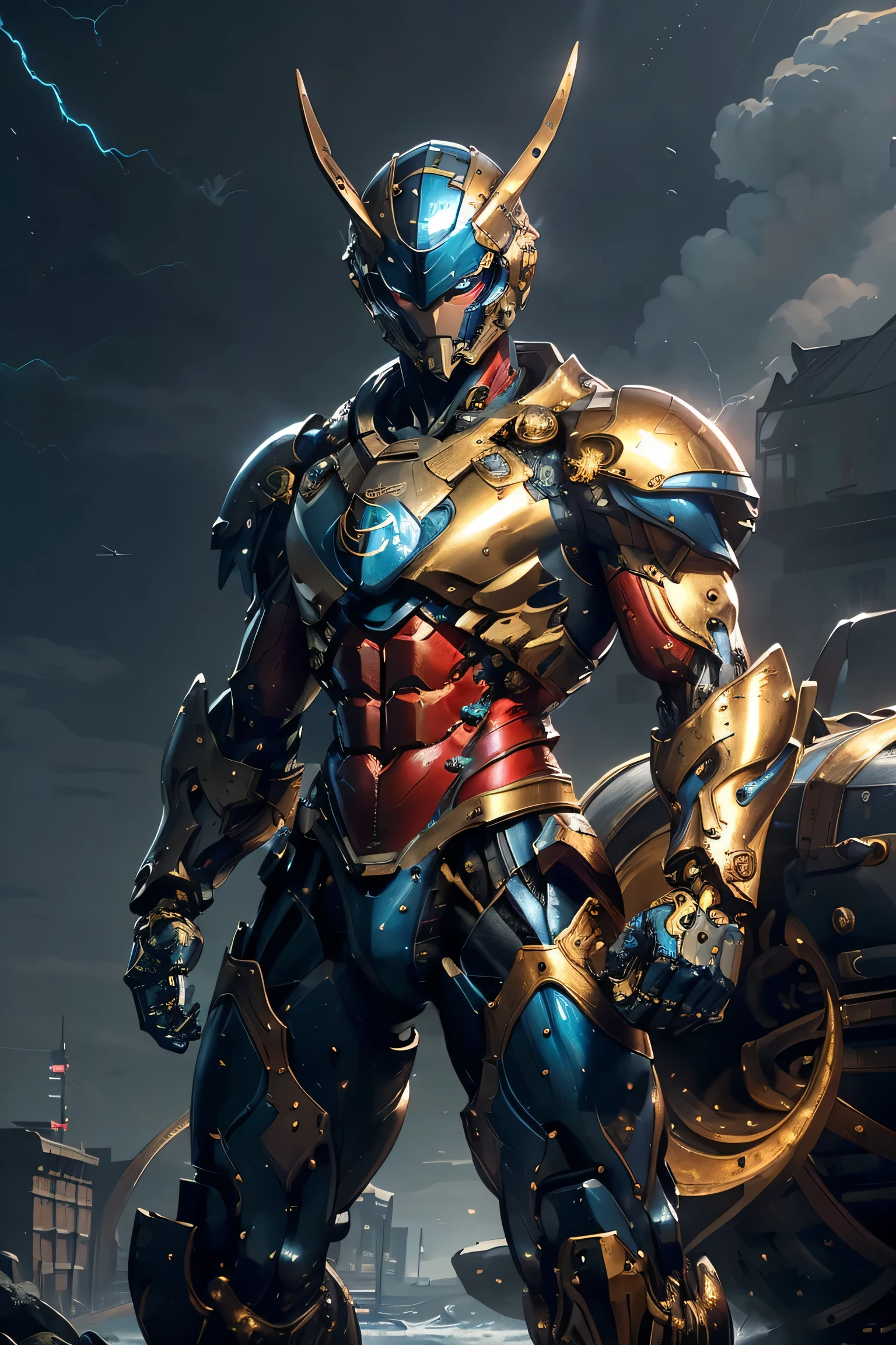 (( symbol of a large gold crescent moon on the forehead)), ((Sturdy Steel Armor )), (metallic: 1.5, blue and red suit: 1.5, Machine parts are visible under the suit), (Japanese hero, whole body), (mech bodysuit with swords: 1.5), ((storm: 1.5, typhoon: 1.5)), cyberpunk city, My eyes are shining brightly, Suit parts are large , Lots of LEDs, ( helmet with sharp antennas), Unreal Engine 5, High image quality,  best quality ,  Kampala, Super detailed, Fine painting,  extremely delicate , professional,  anatomically accurate , creativity,  RAW Photos, 超 Kampala, 32K, Natural Light, Cinema Lighting, masterpiece-anatomy-perfect, masterpiece:1.5, ( portrait), (action pose), ((was a mecha)), (fur collar ), (Machine Face), (Clench your fist: 1.5, Bend your elbows: 1.5)