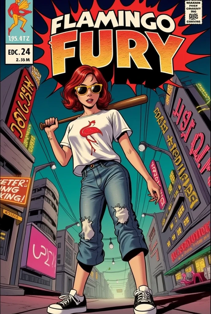 **Prompt:** A 1940s comic book cover titled "Flamingo Fury" showcases a captivating, red-haired woman with a bold, modern edge. Her short, fiery red hair contrasts with the oversized sunglasses that reflect the glowing neon lights of a sprawling cyberpunk city behind her. She’s dressed in a loose, flamingo-printed T-shirt, baggy jeans, and worn Nike sneakers, giving her a laid-back yet rebellious vibe.

The cover uses a striking fish-eye lens perspective that warps the scene dynamically, emphasizing her face as the central focus. She grips a baseball bat with both hands, the bat almost leaping out of the frame due to the exaggerated angle. Her expression is fierce and determined, adding intensity to her poised stance. The fish-eye effect distorts the bat, making it seem even larger and closer to the viewer, while her body curves in a dynamic, action-filled pose.

The background features a cyberpunk cityscape, with towering buildings, electric wires, and neon signs glowing in shades of pink, blue, and green, curving slightly around the edges of the frame due to the fish-eye lens effect. 

At the top, the title "Flamingo Fury" is emblazoned in bold, vintage lettering, surrounded by energetic action lines and bursts that reflect the explosive energy of the scene. The issue number and comic book logo are placed in the lower corner, completing the traditional elements of a 1940s comic book cover.

The fish-eye lens perspective, vibrant neon colors, and futuristic yet retro aesthetic make this a dynamic and visually stunning 1940s-style comic cover, blending the energy of a cyberpunk world with the charm of vintage comics.