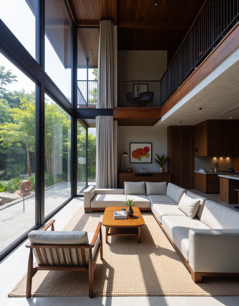 The house combines modern design with traditional Japanese elements.The spacious living room features a tatami mat area and large windows that let in natural light.The interior is simple and sophisticated, with bamboo details and accents scattered throughout.The relaxing Japanese-style room has shoji paper screens and fusuma screens, which give the room a minimalist aesthetic.The kitchen, while equipped with modern facilities, has a warm and welcoming design with extensive use of wood.The garden has a beautiful bamboo grove and a stone garden, creating a quiet and tranquil atmosphere.Modern lighting and furniture harmonize with each other, creating an overall simple and elegant space.Natural materials and traditional craftsmanship combine to create a comfortable and quiet home.