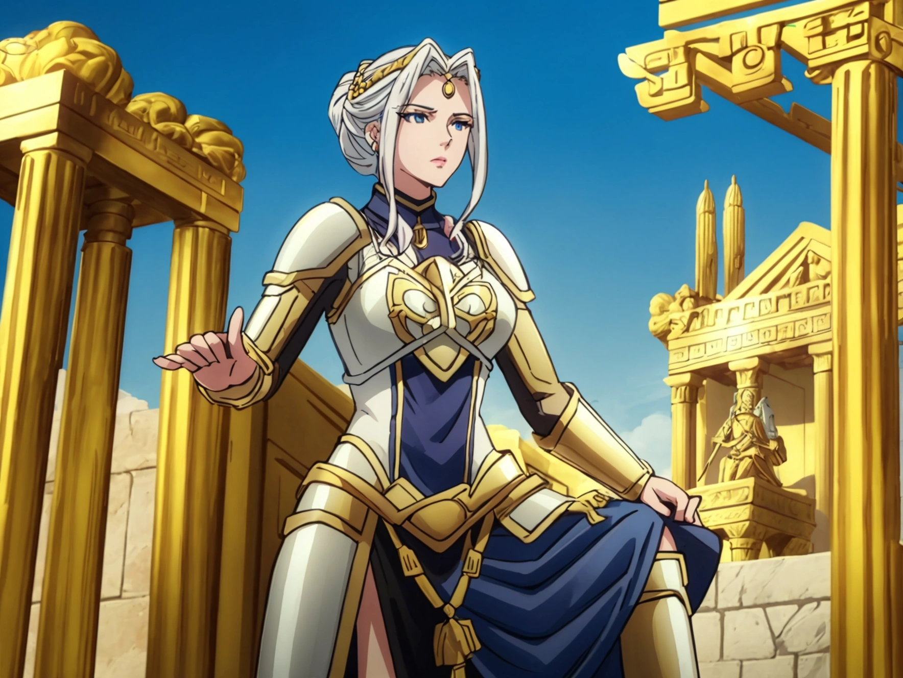 Athena, Greek god, Greek temple, beautiful adult woman, blue eyes, white hair, sky, highly detailed background, perfect masterpiece, high quality, ultra high resolution, golden armor, golden spear, golden shield, divine and radiant glow, mystical .