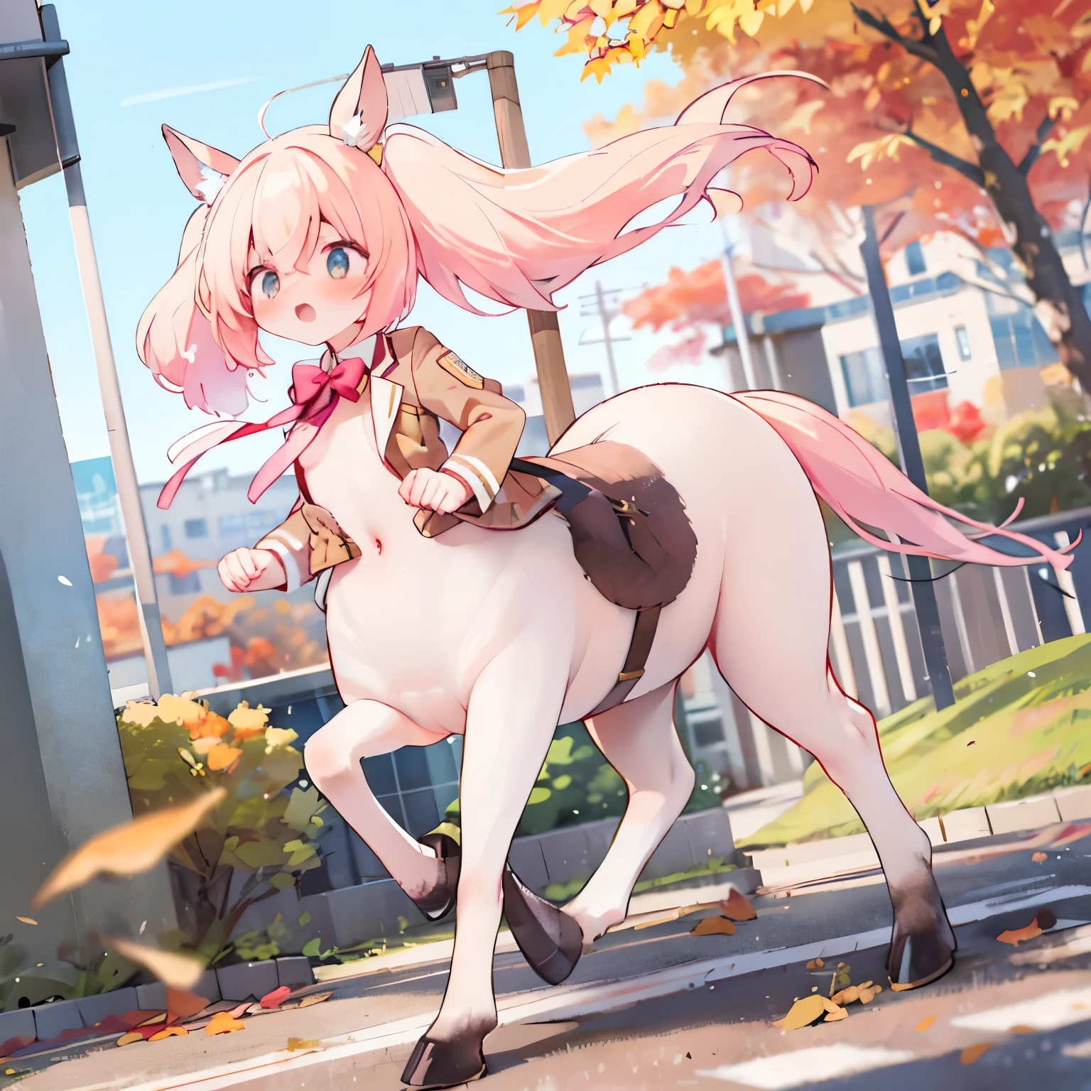 masterpiece, Ultra-high-definition CG,  best quality  , young very ，Centaur，  Pink Twin Tails ，Winter uniform，Brown skinned elementary school ，running， city street，Hurry，Surprised，Autumn leaves，