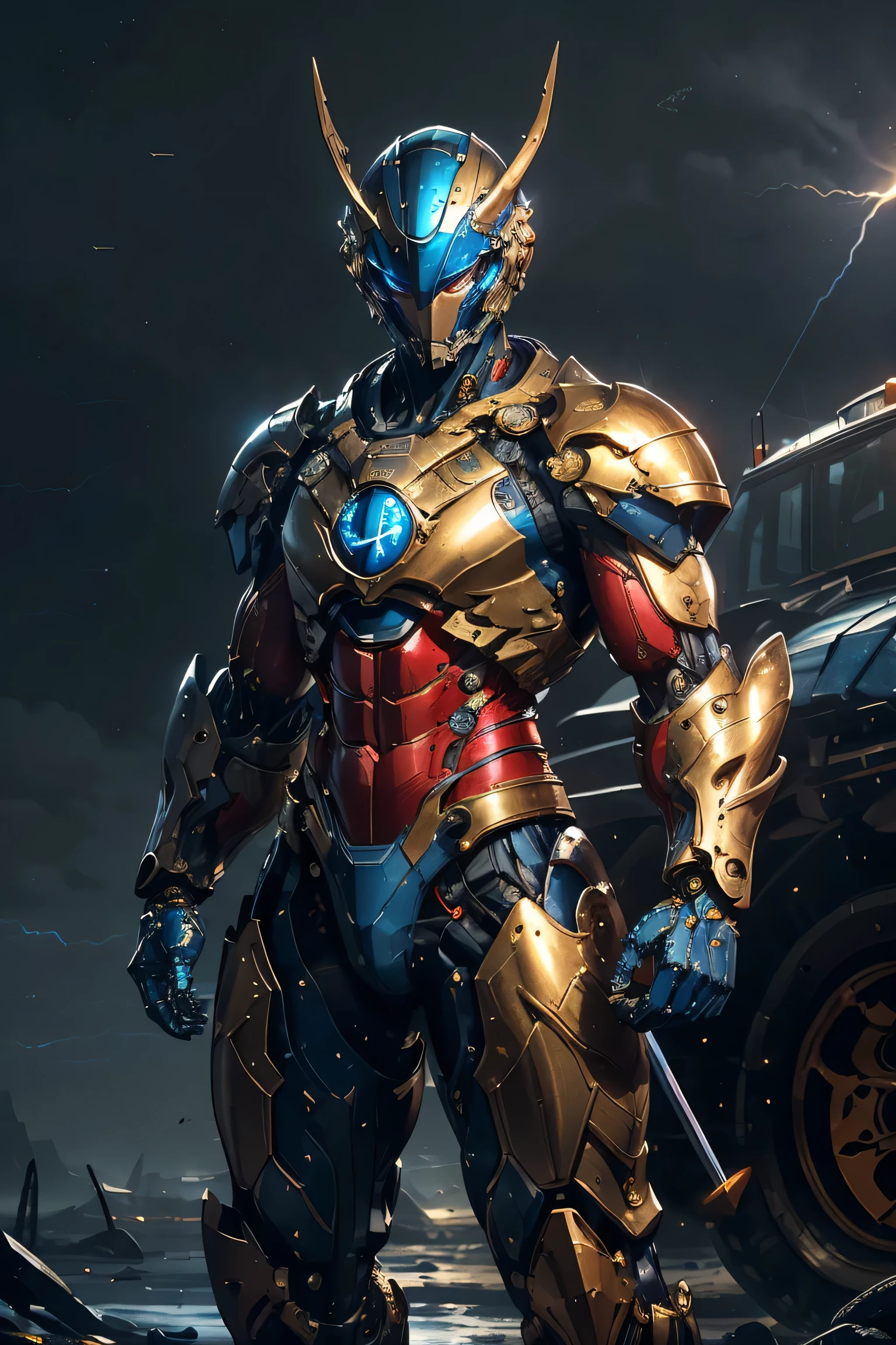 (Clench your fist: 1.5, Bend your elbows: 1.5), (( symbol of a large gold crescent moon on the forehead)), ((Sturdy Steel Armor )), (metallic: 1.5, blue and red suit: 1.5, Machine parts are visible under the suit), (Japanese hero, whole body), (mech bodysuit with swords: 1.5), ((storm: 1.5, typhoon: 1.5)), cyberpunk city, My eyes are shining brightly, Suit parts are large , Lots of LEDs, ( helmet with sharp antennas), Unreal Engine 5, High image quality,  best quality ,  Kampala, Super detailed, Fine painting,  extremely delicate , professional,  anatomically accurate , creativity,  RAW Photos, 超 Kampala, 32K, Natural Light, Cinema Lighting, masterpiece-anatomy-perfect, masterpiece:1.5, ( portrait), (action pose), ((was a mecha)), (fur collar )