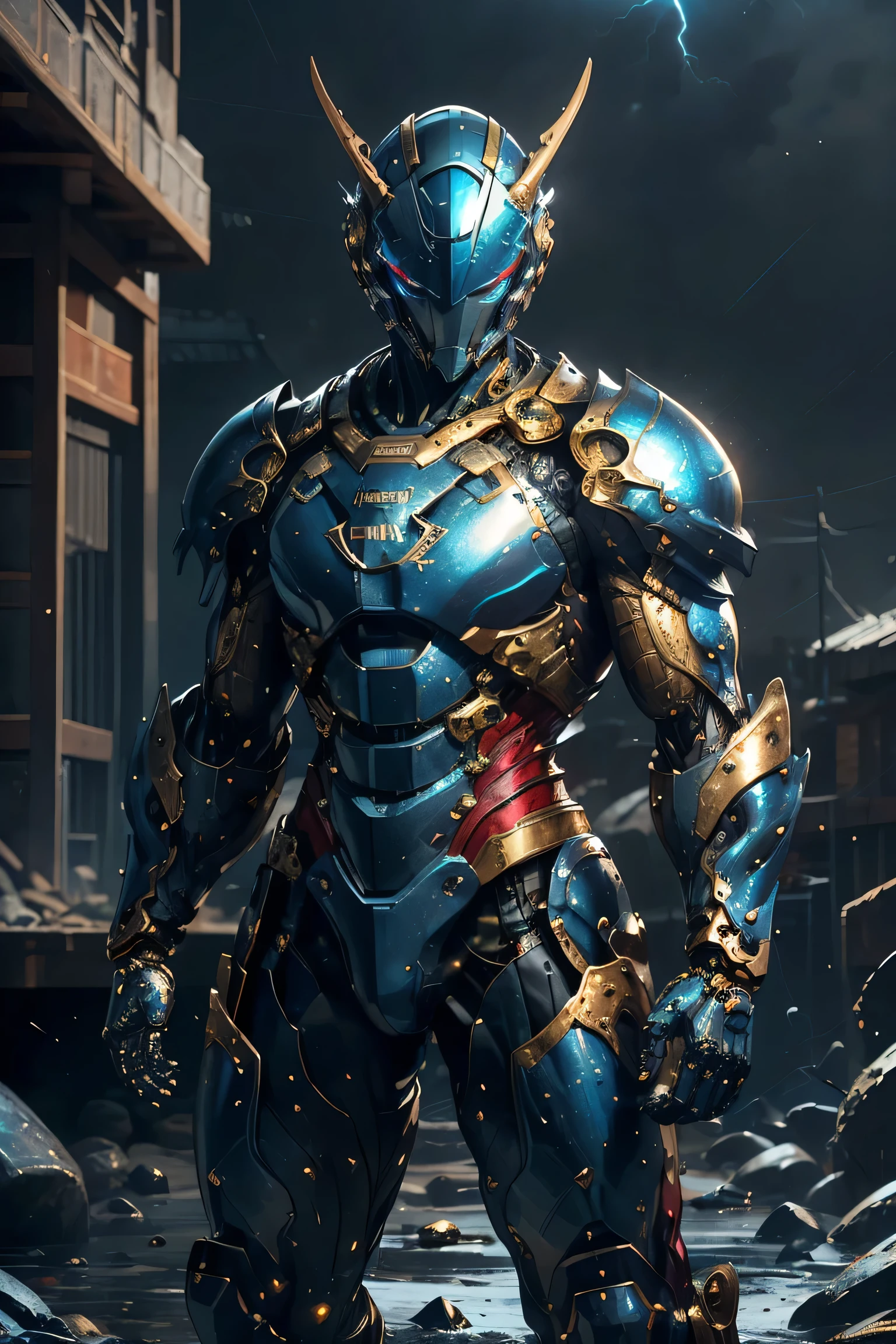 (Clench your fist: 1.5, Bend your elbows: 1.5), (( symbol of a large gold crescent moon on the forehead)), ((Sturdy Steel Armor )), (metallic: 1.5, blue and red suit: 1.5, Machine parts are visible under the suit), (Japanese hero, whole body), (mech bodysuit with swords: 1.5), ((storm: 1.5, typhoon: 1.5)), cyberpunk city, My eyes are shining brightly, Suit parts are large , Lots of LEDs, ( helmet with sharp antennas), Unreal Engine 5, High image quality,  best quality ,  Kampala, Super detailed, Fine painting,  extremely delicate , professional,  anatomically accurate , creativity,  RAW Photos, 超 Kampala, 32K, Natural Light, Cinema Lighting, masterpiece-anatomy-perfect, masterpiece:1.5, ( portrait), (action pose), ((was a mecha)), (fur collar )