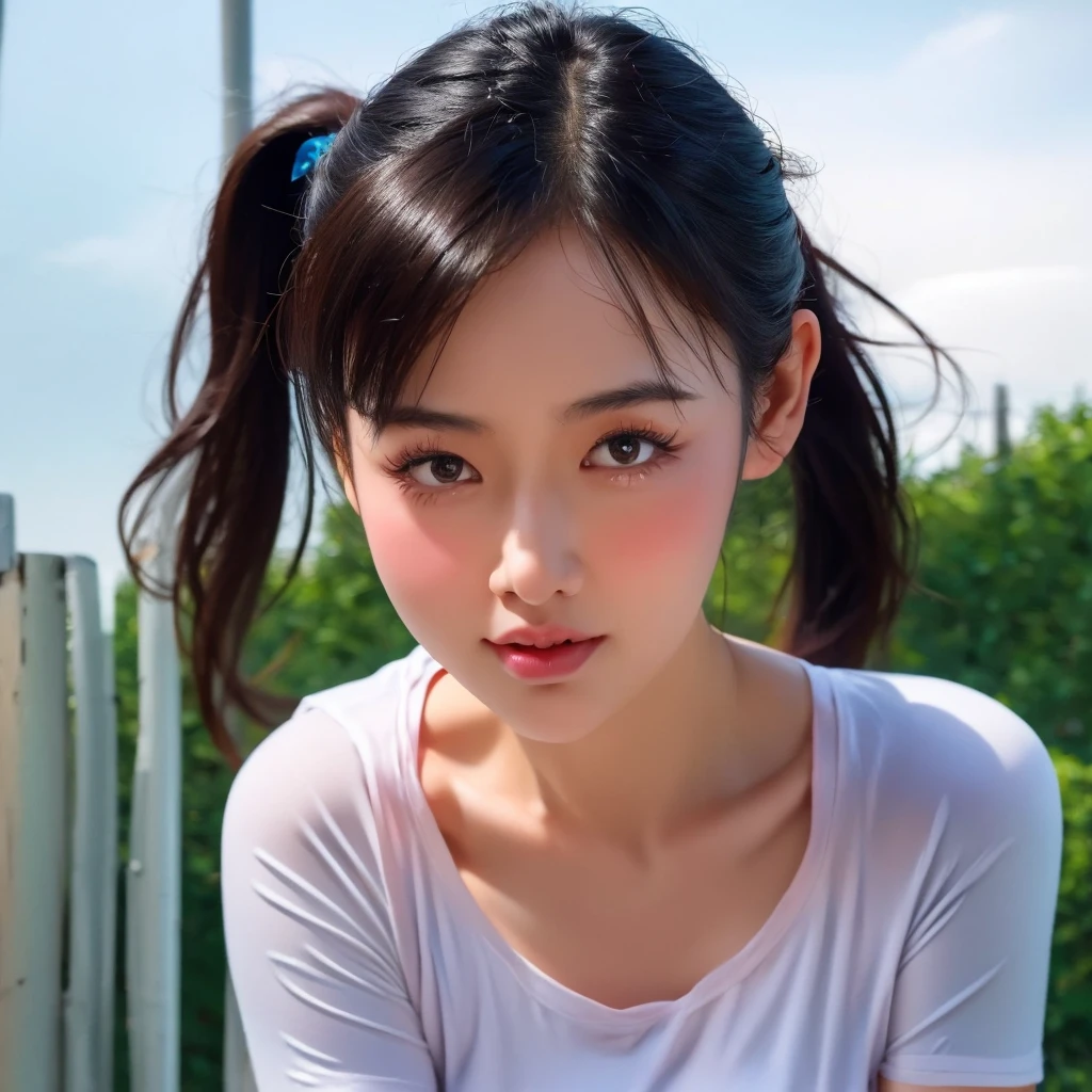 "Create realistic digital images of,Asian woman with a round face, Glowing Pink Body , Red cheeksอมชมพู, Black hair,Ponytail,A 2 meter long scissor baggy hair ,My hair flutters in the wind., Red cheeks,  wearing a blue-white camouflage T-shirt ,  with black lettering. The scene is outdoor, with a green background, and she is standing in front of a fence or a wooden wall. The atmosphere is serene and intimate by Natural light enhances the soft look and gives it a refreshing and approachable feel."High quality photos, 3d, 16k, Portrait photography, การถ่ายmovies, movies, 